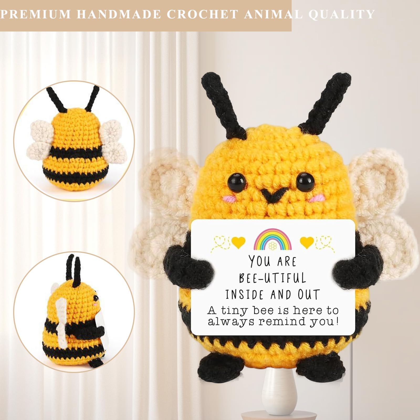 Positive Crochet Animals, Positive Gifts, Handmade Crochet Bee Plush with Flower - Image 3