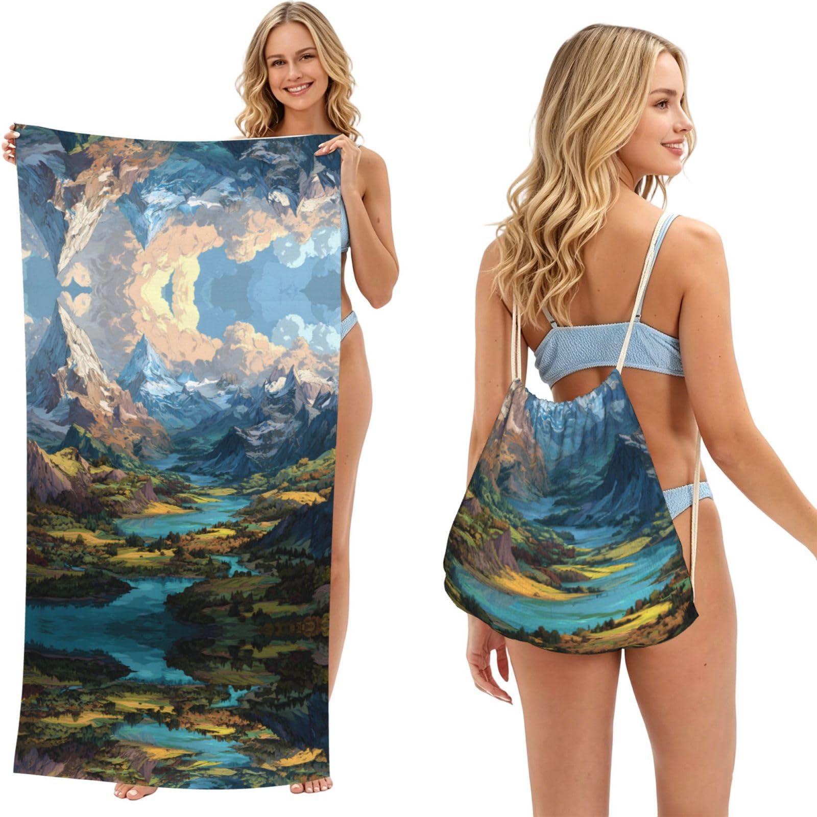 ESNAIUVCD Great Rivers Print Beach Towel For Adults,Towel With Drawstring Bag, Travel Pool Swimming Sports Shower Sand Free Quick Dry Bath Towel For Pool, Beach, Yoga- 180x60cm
