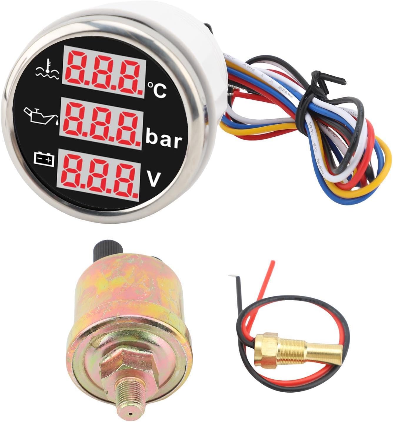 banapoy 3 in 1 Triple Gauge Set, Engine Coolant Temperature, Oil Pressure Gauge, Battery Voltmeter Indicator, Instrument Sensor Kit for Car Boat Truck Vehicle Marine, 52mm (Black Dial Silver Cover)