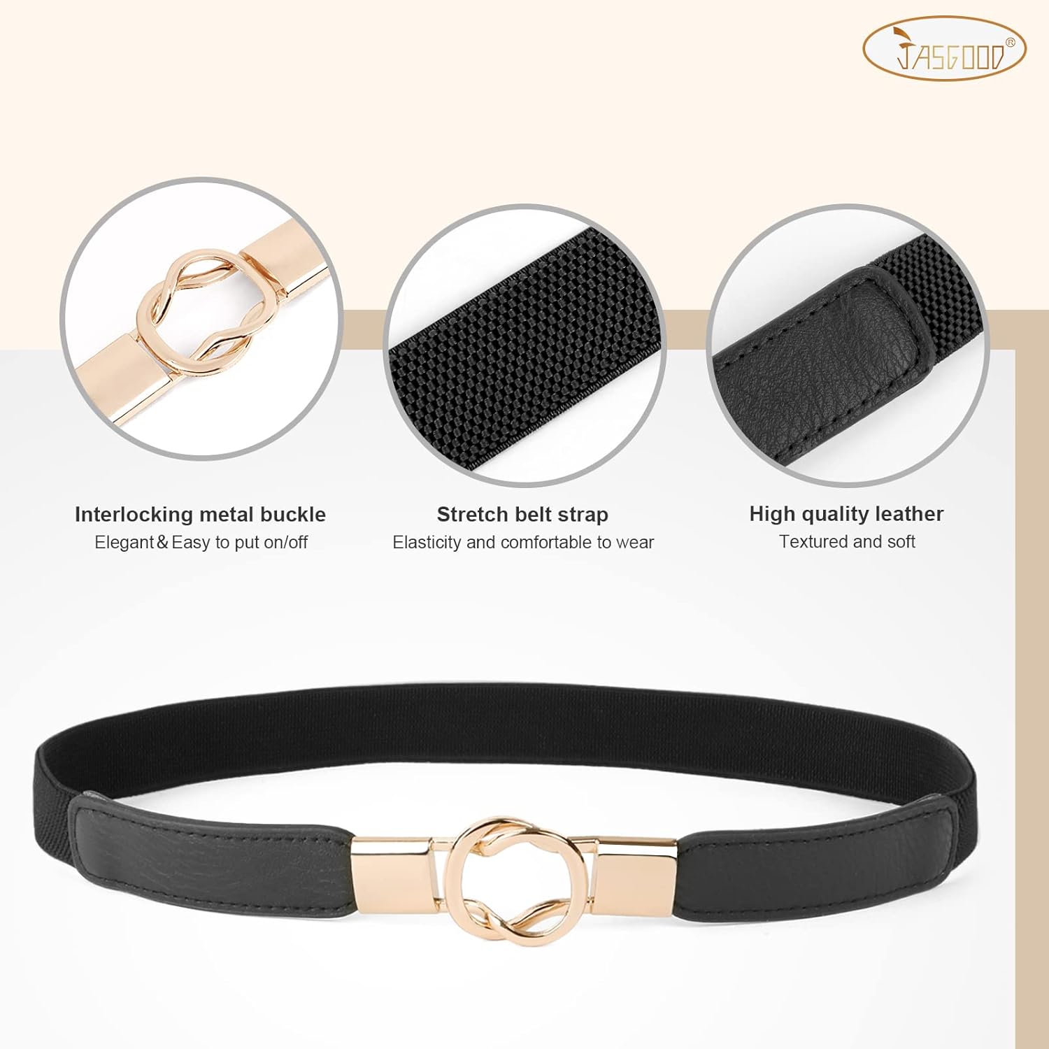 JASGOOD Women Retro Fashion Elastic Belt Stretchy Skinny Waist Belt for Dress Jeans Pants with Metal Gold Buckle - Image 3