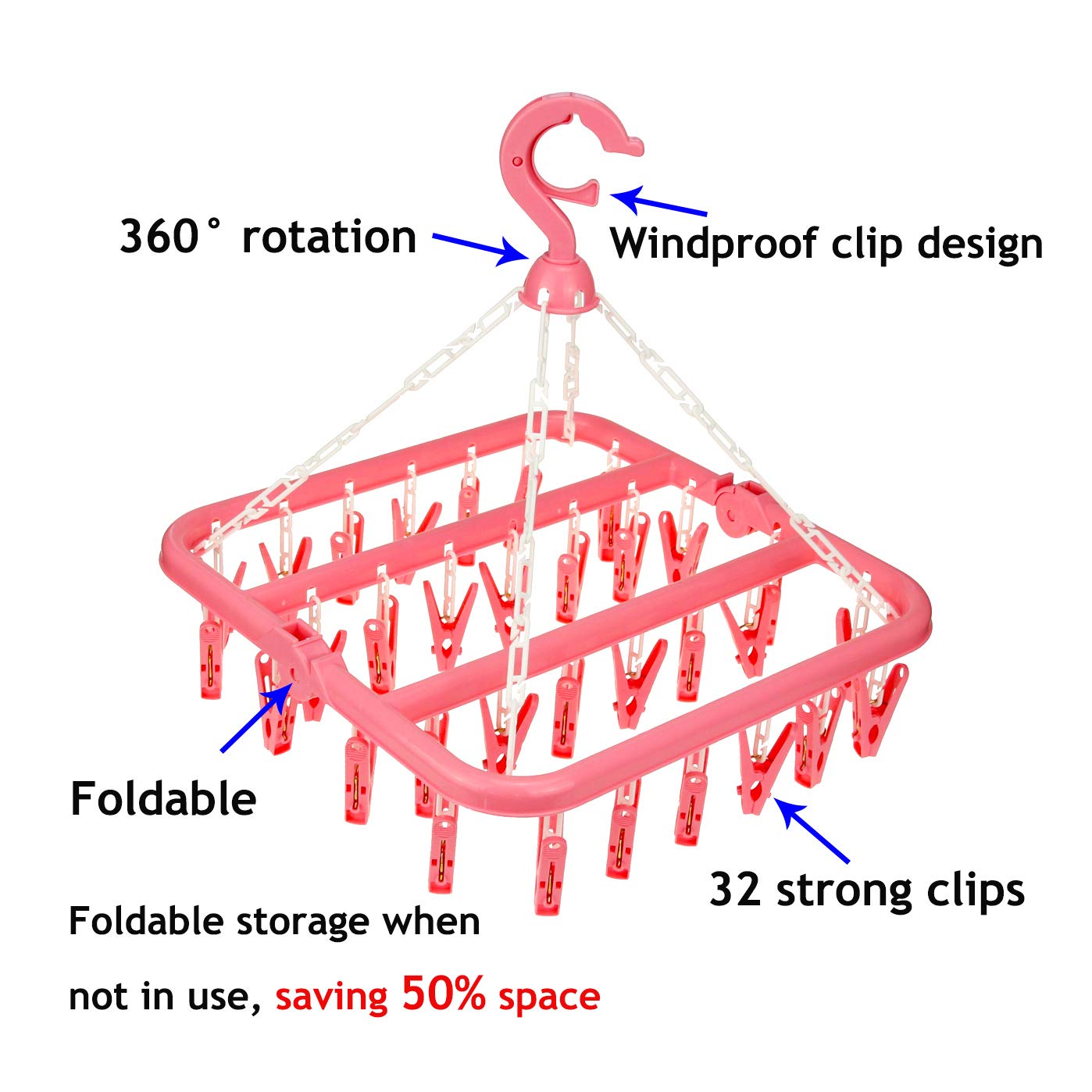 Foldable Clothes Hanger With 8 Clips - 3 Pack Windproof Drying Rack For Socks, Bras, Underwear & Small Items
