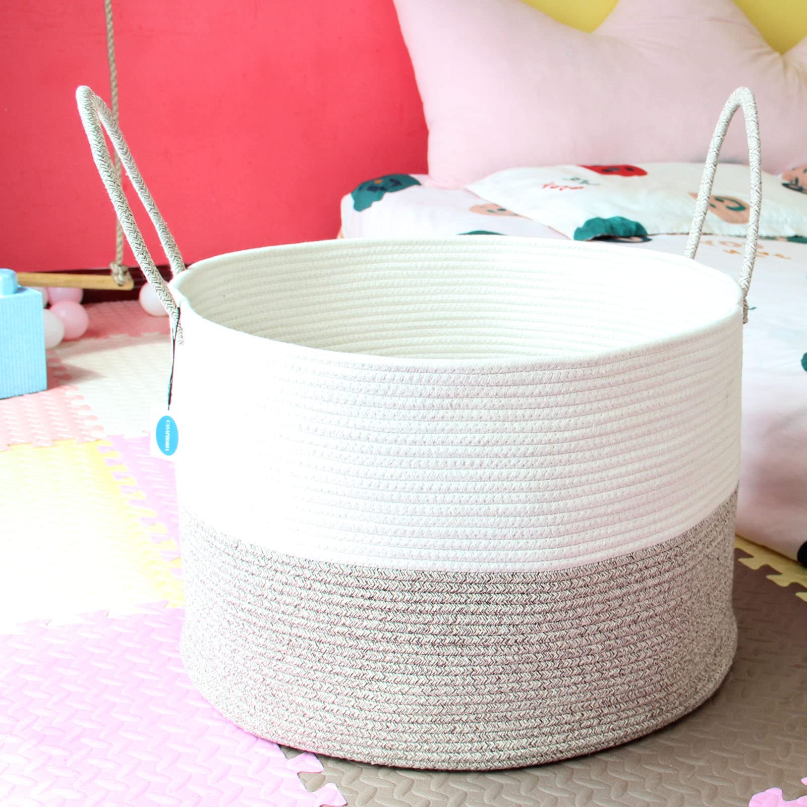 Casaphoria XXXL, cesto portaoggetti in corda di cotone per soggiorno, con manico lungo, per coperte, asciugamani e cuscini, cesto portabiancheria | crema bianco e marrone (55,9 x 55,9 x 35,6 cm)