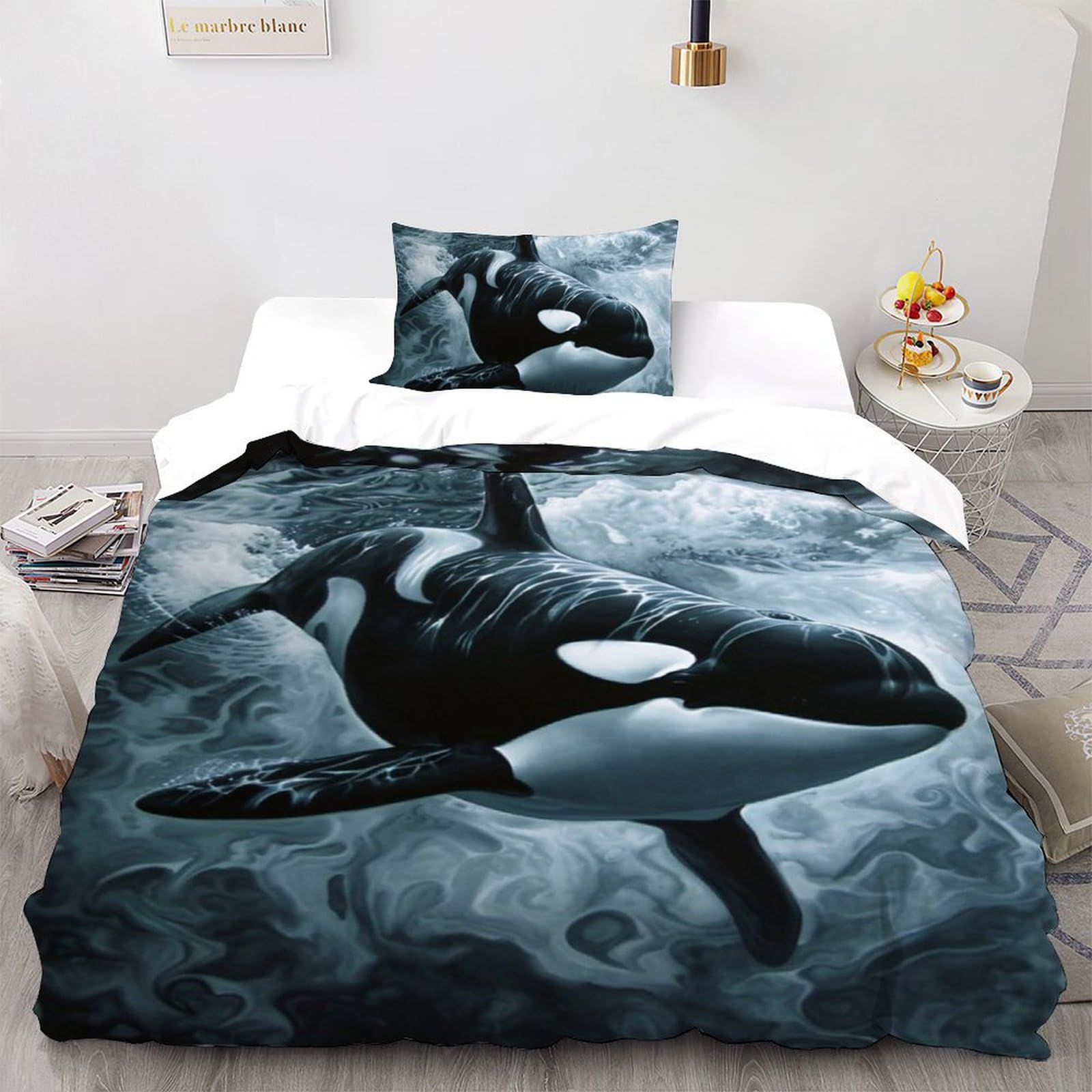 Parure de couette baleine en microfbre 135x200cm avec sa taie d'oreiller pour lit single