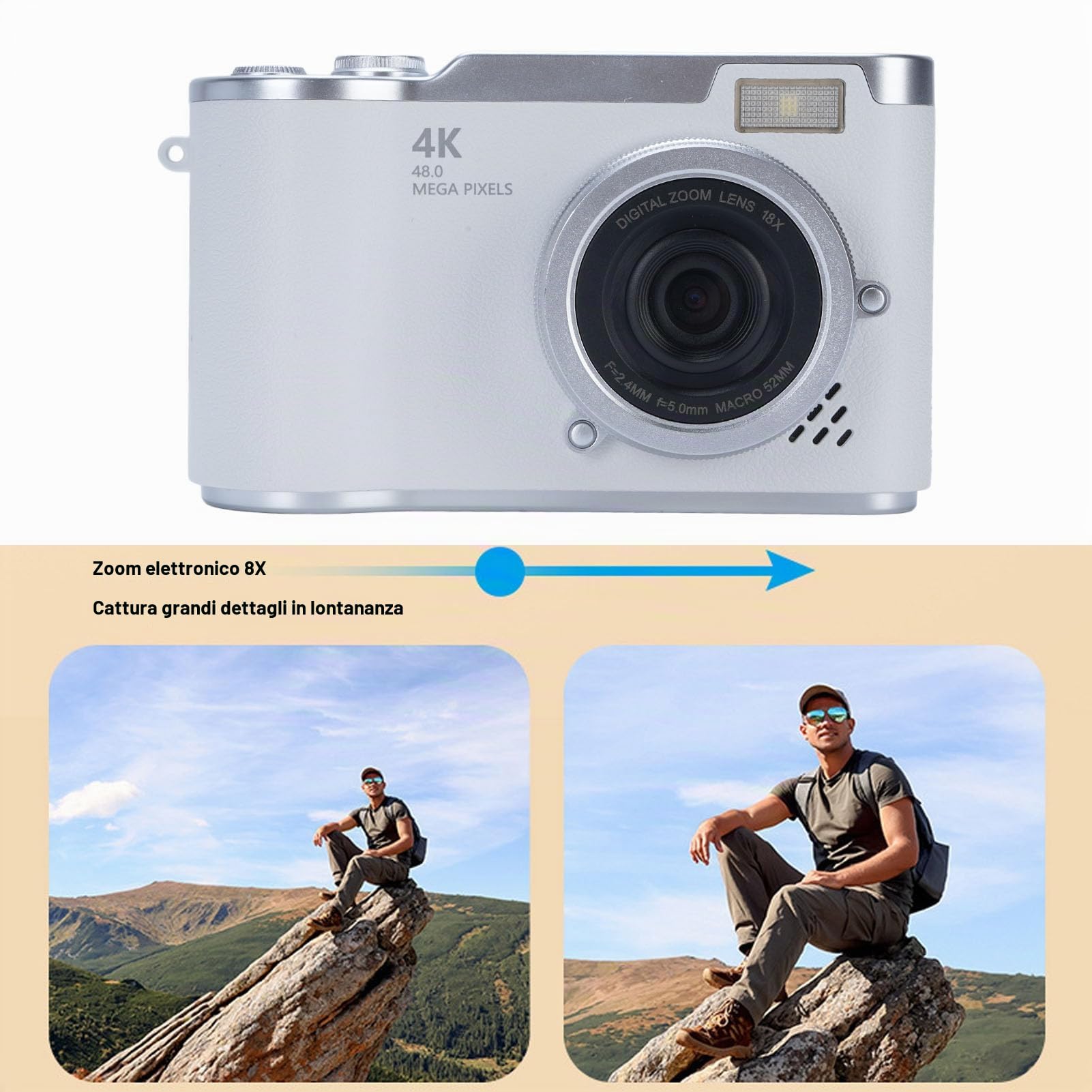 Fotocamera Digitale, 1080p 48 MP da 2,4 Pollici HD Display 18x Zoom Focus Automatico Vlogging Telecamera Anti Shake Fotocamera Compatta per Adolescenti Ragazzi Ragazzi Anziani