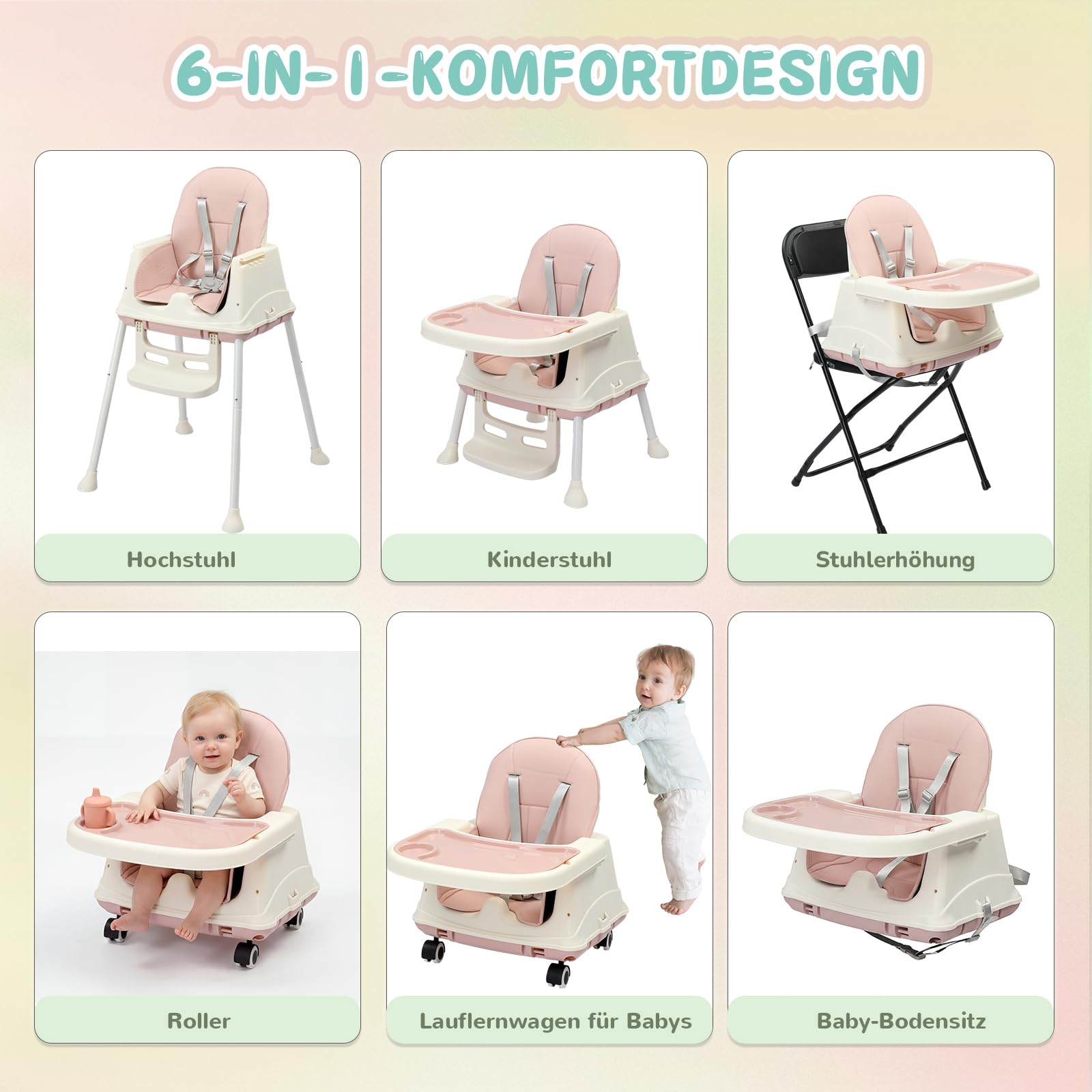 LEADZM 4 in 1 Babyhochstuhl, Umbaubar zum Laufrad und Lauflernwagen, Hochstuhl Baby mit Abnehmbares Doppeltablett und Universalrädern, Mitwachsend ab 0-36 Monate Babystuhl (Rosa)
