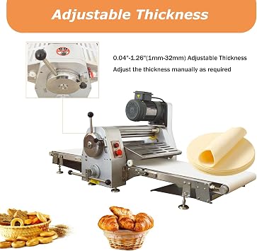 Commercial Dough Sheeter, 65x15.7 Reversible Conveyor Belt, 0.04-1.26 Adjustable Thickness, Foldable Fondant Flattener Croissant Danish Pastry Bakery 110V