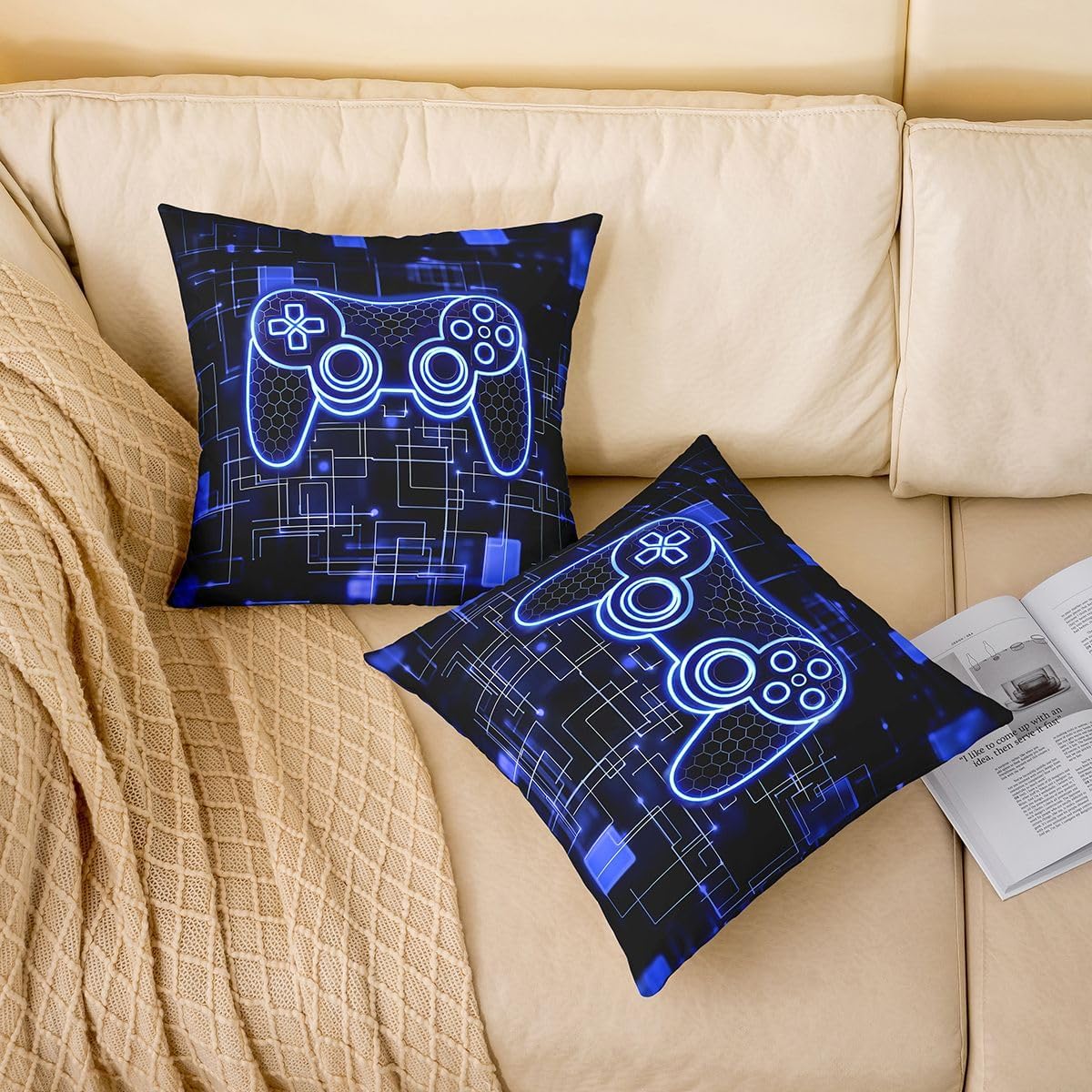 Manfei Blue Gaming Throw Pillow Cover Honeycomb Gamepad Videogame Double Sides Pillow Case for Kids Boys Girls Room Decor,Geometric Checkered Lines Cushion Cover for Bed Couch Sofa,4 Pack 18"x18" image 4