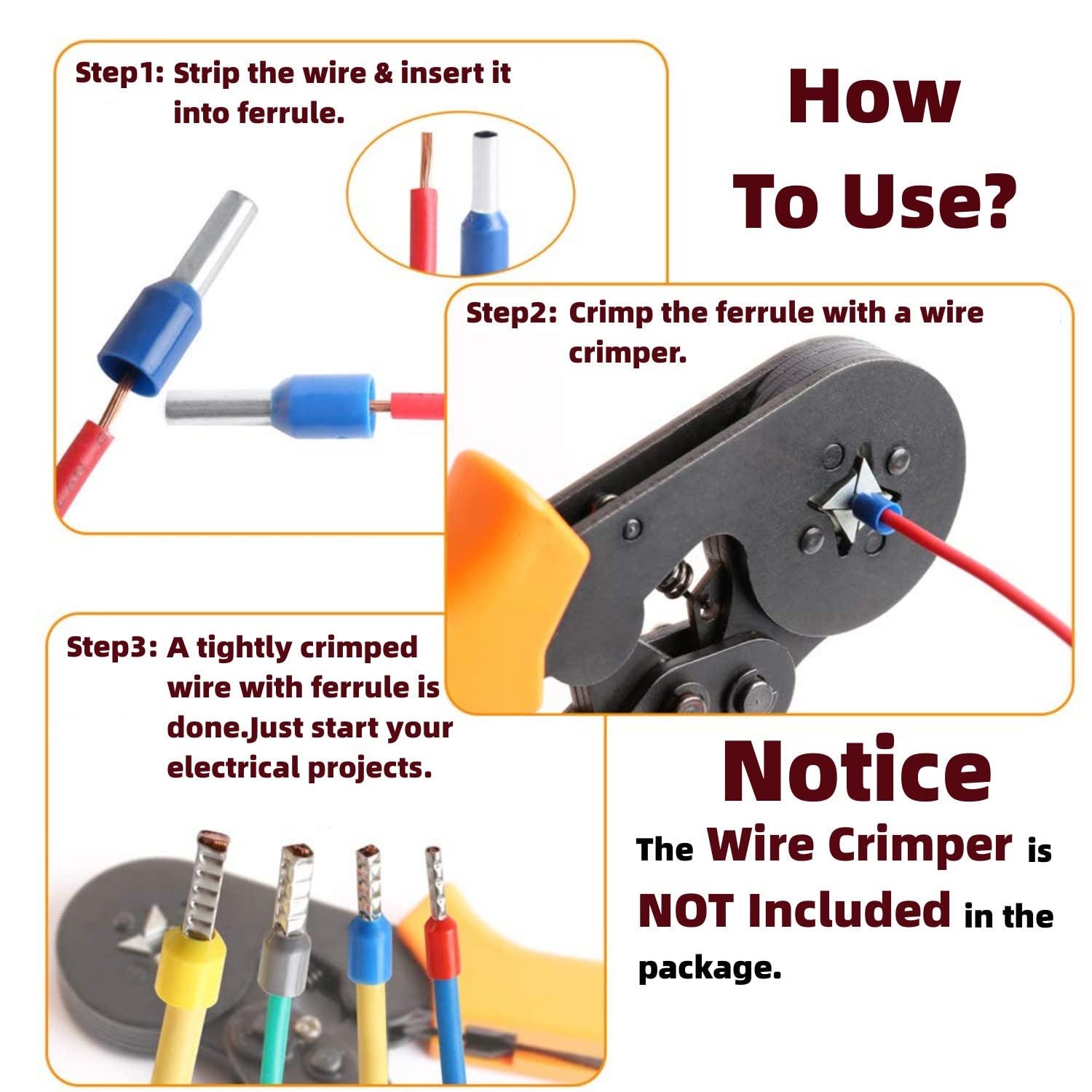 1250Pieces Wire Ferrules kit, Wire Terminal Ferrules Crimp Connector, Insulated Cord Pin End Terminal Great Assortment Ferrules Kit with Portable Box