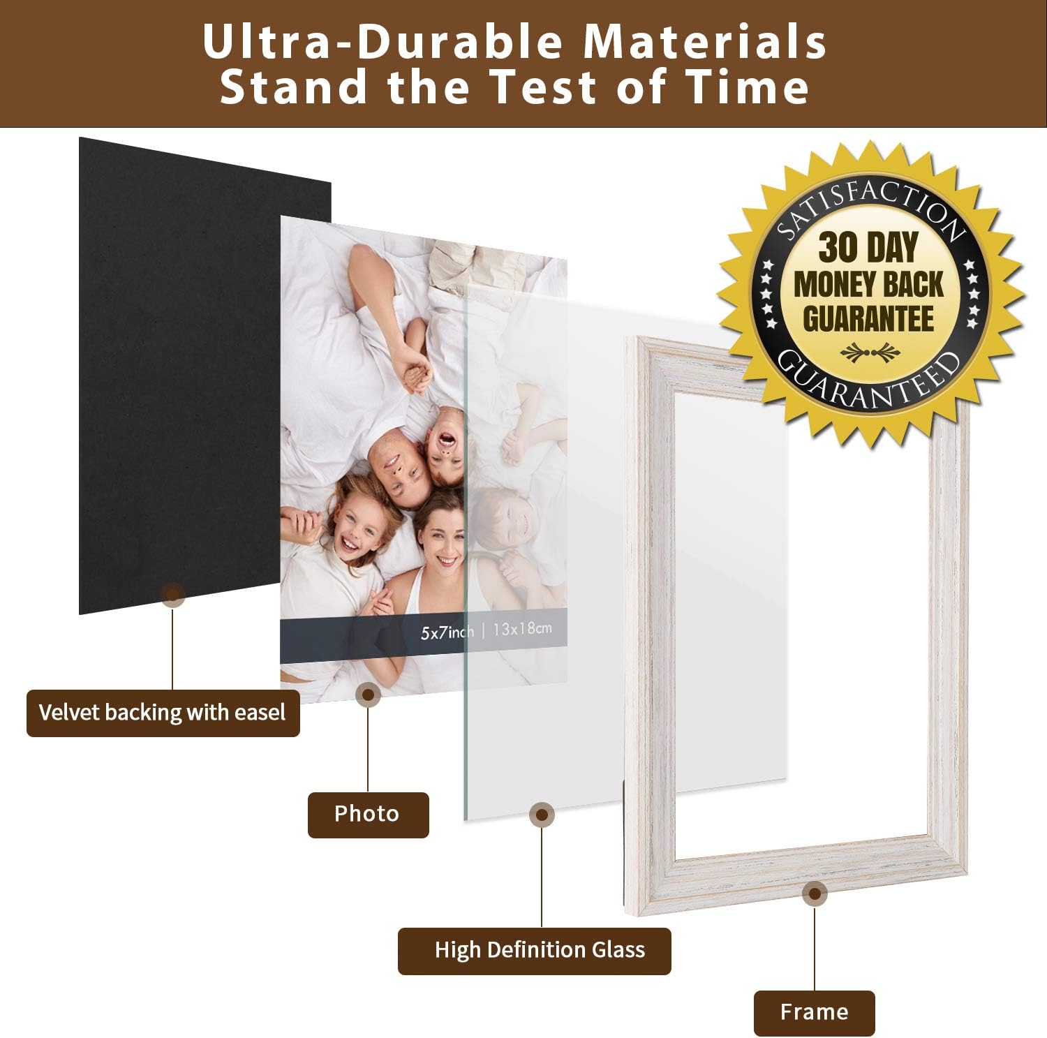 5x7 White Picture Frames - (6 Pack) Distressed Wood Textured Basic Designed Photo Frame with High Definition Glass For Table Top Display And Wall Hanging, Set Of 6