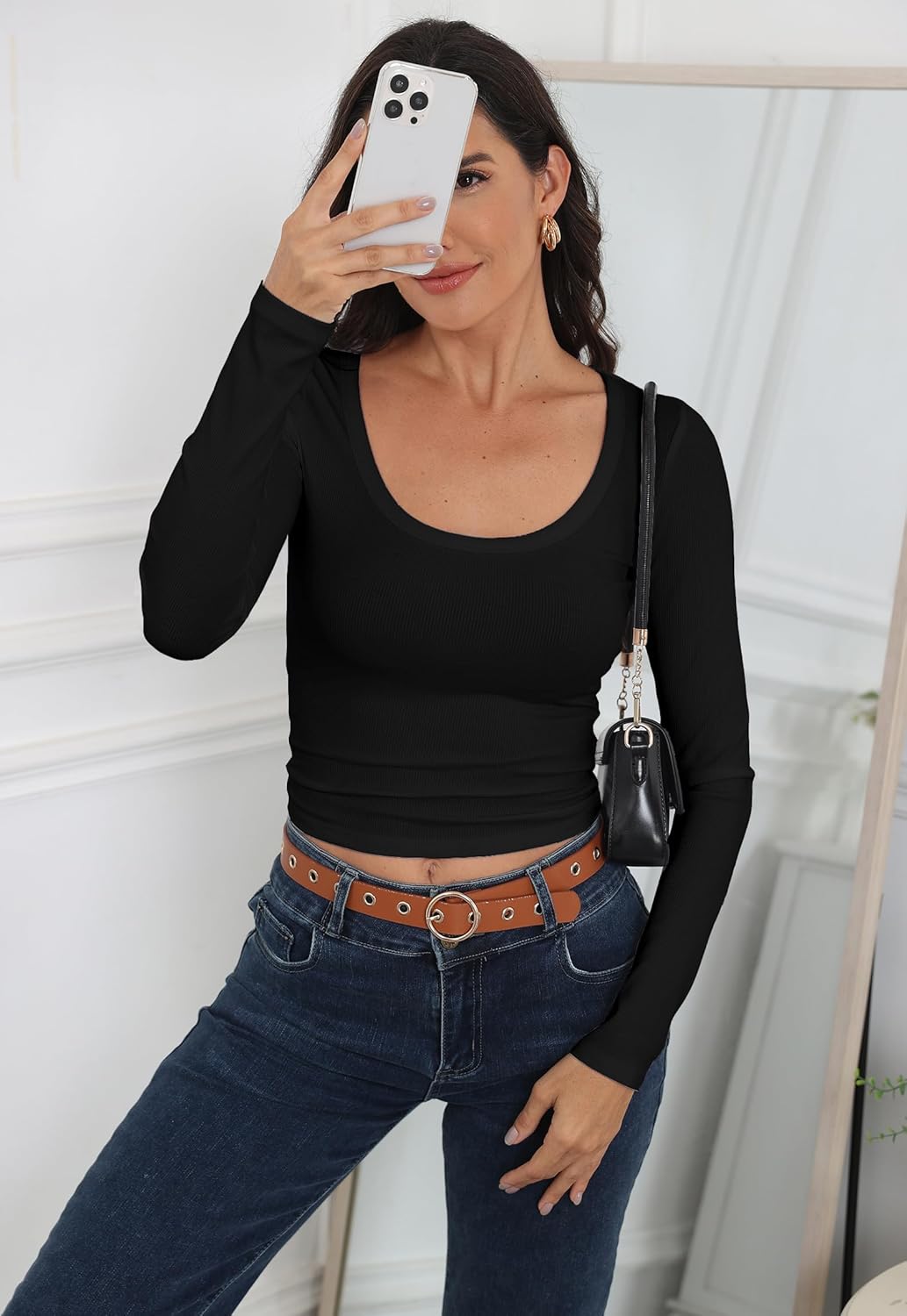 Roselux Womens Long Sleeve Scoop Neck Ribbed Knit Fitted Crop Top Casual Basic Shirts - Image 3