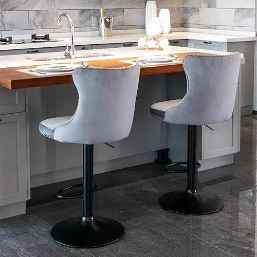 Miniatura 4 de ODUSE-DAILY Juego de 2 taburetes de bar giratorios de terciopelo, altura ajustable de 25-33 pulgadas, taburetes de bar con respaldo, sillas de bar