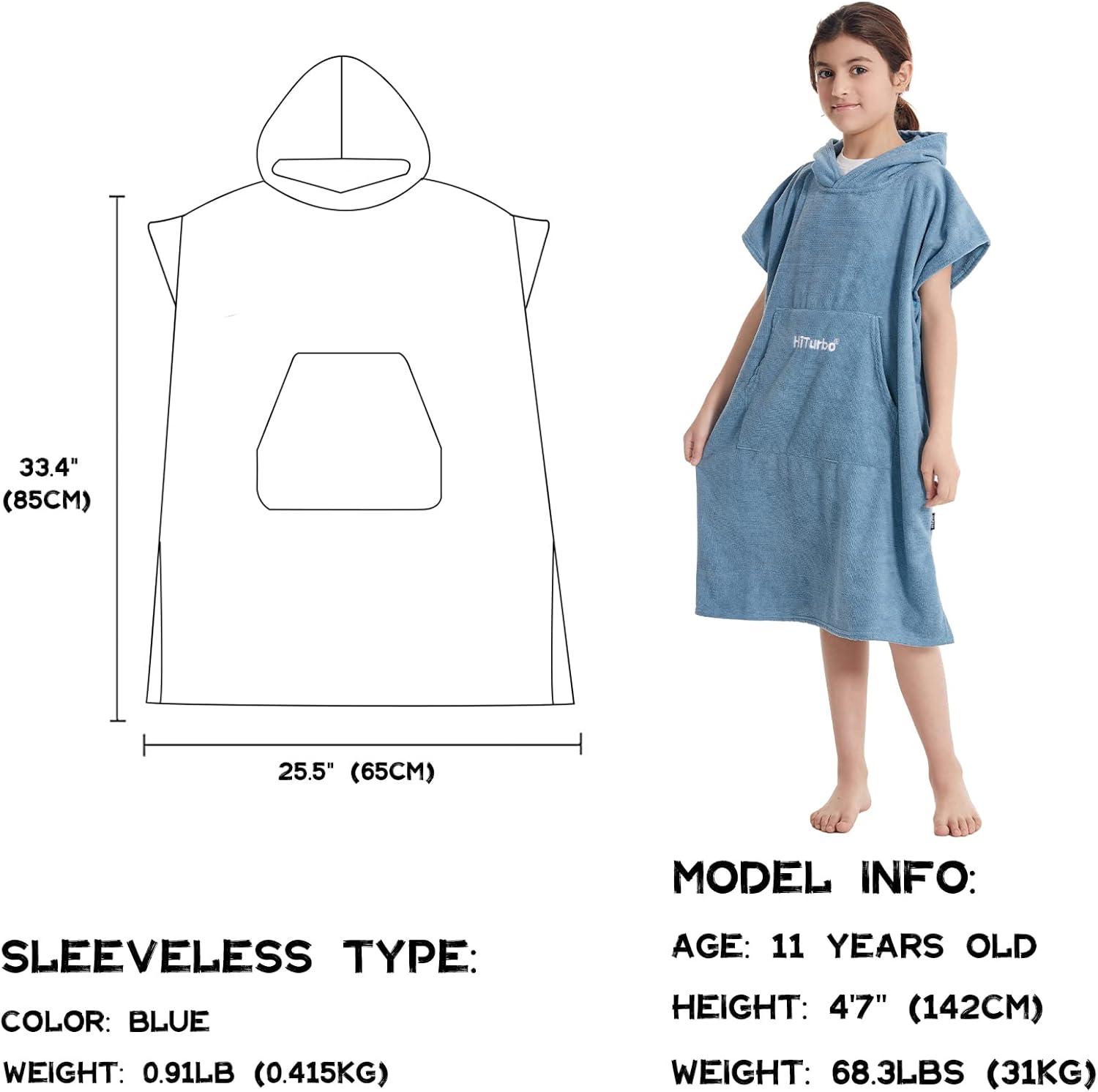 Hiturbo Kids Changing Towel Poncho: Quick Dry Absorbent Bath Towels Hoodie - Microfiber Swim Surf Poncho for Beach Pool Swimming Surfing - Blue - Image 2