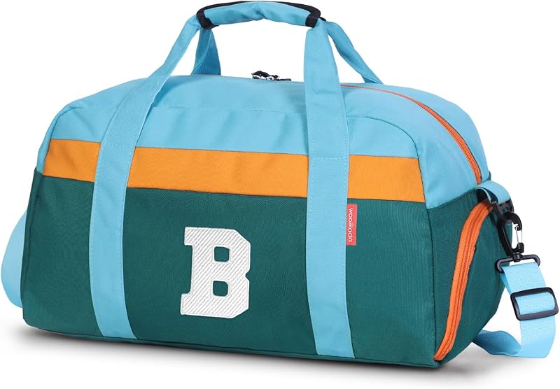 Initial Kids Duffle Bag for Boys or Girls, Kids Overnight Bag with Shoe Compartment, Personalized Weekender bags, Birthday Gifts for Women Boys Girls(Green Blue-Letter B)