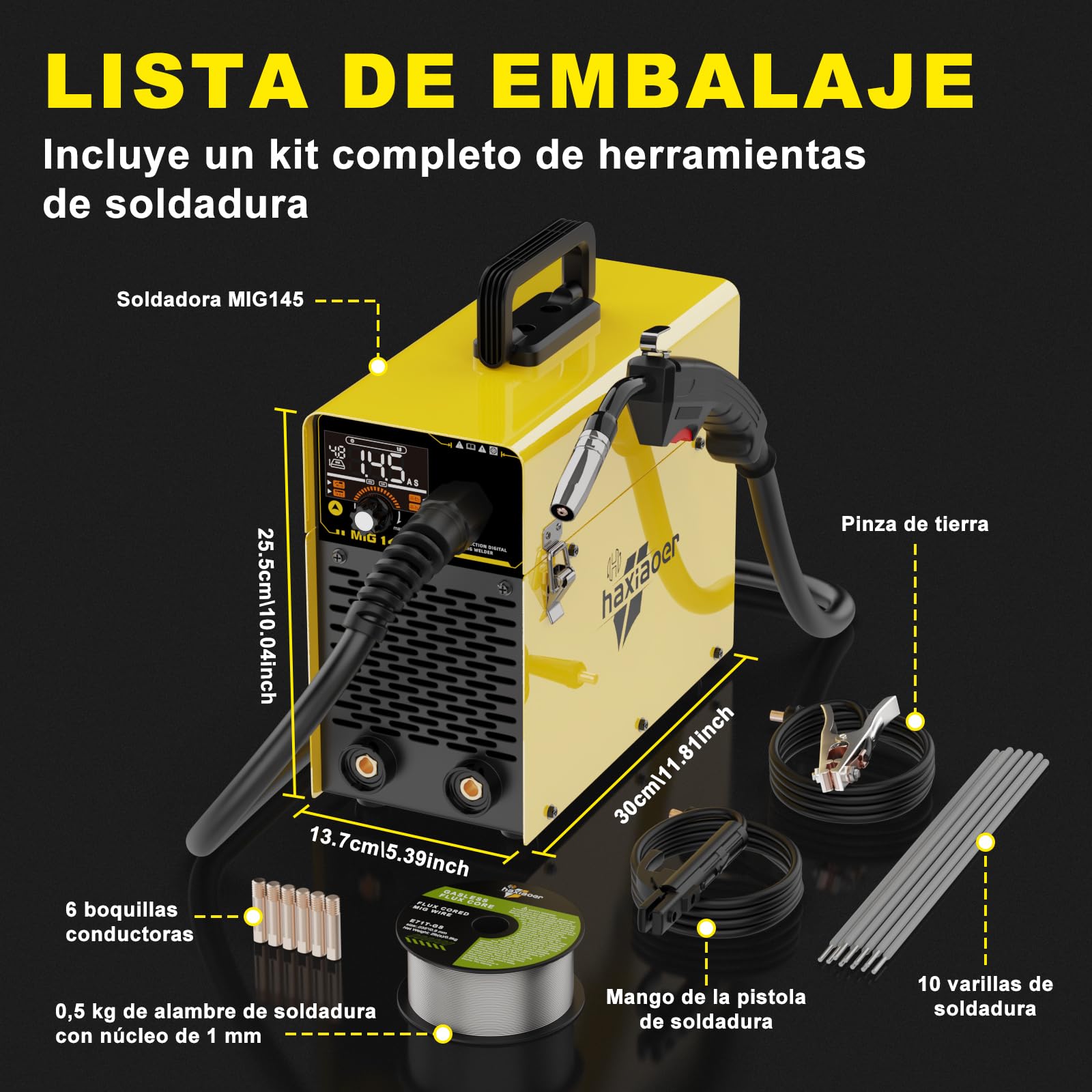 Haxiaoer 145A Soldador de Hilo Continuo Sin Gas 3 en 1 Máquina de Soldar MIG con ARC/Flux MIG/Lift TIG, Pantalla LED Digital Inteligente, Soldador Inversor Compacto