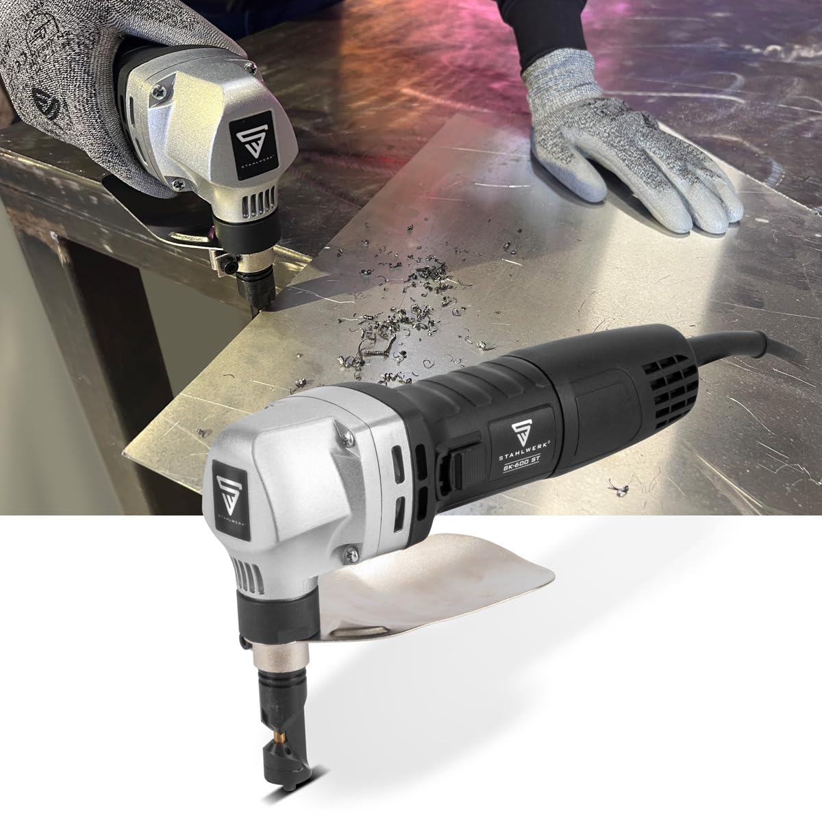 STAHLWERK Grignoteuse BK-600 ST 600 W 2000 tr/min tête rotative 360° profondeur de coupe 2,5 mm cisaille à tôle électrique