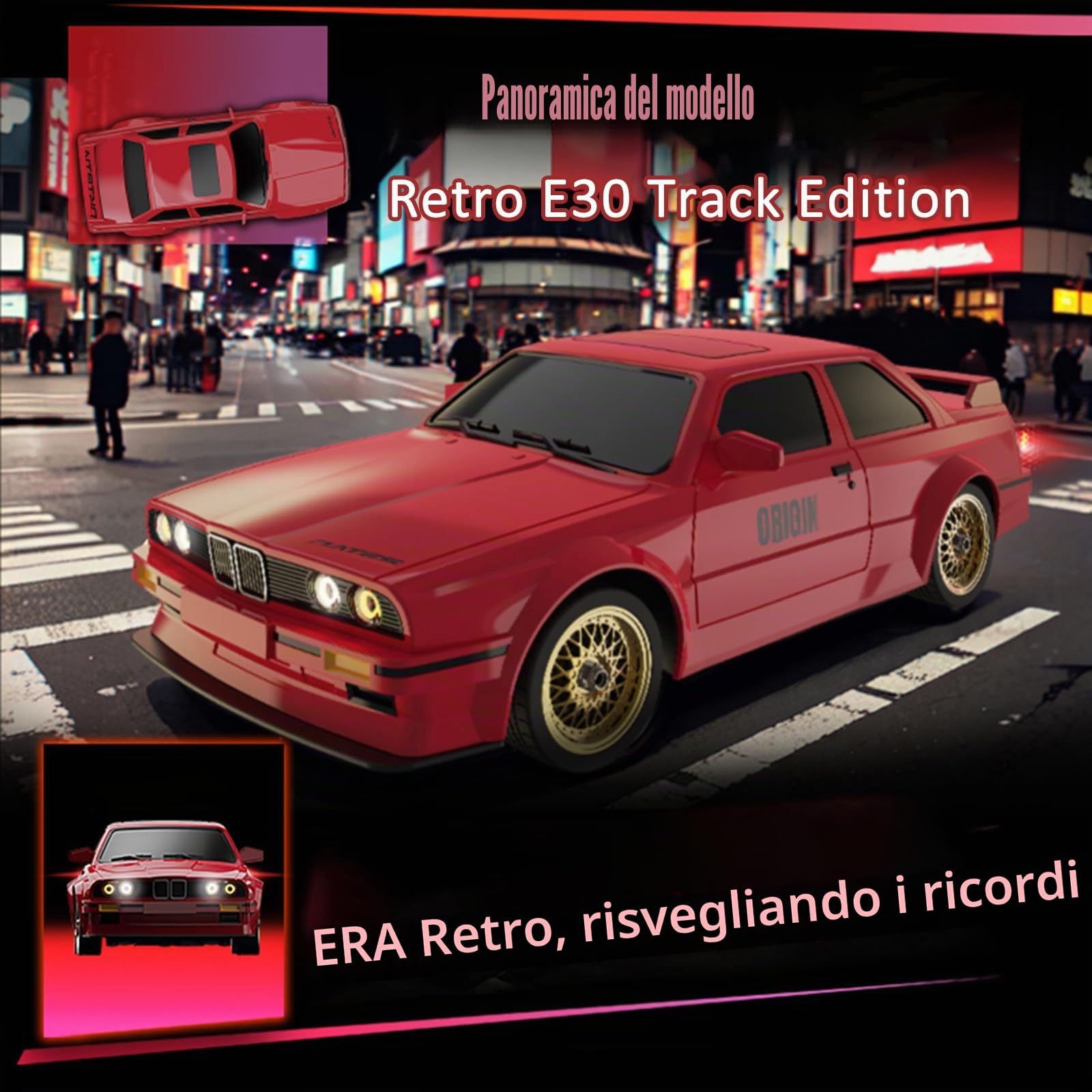 Auto telecomandata 2,4 GHz RC Drift Car 30 km/h - 1/16 Auto da Corsa Drift con Luci Anteriori e Posteriori Stile Retro