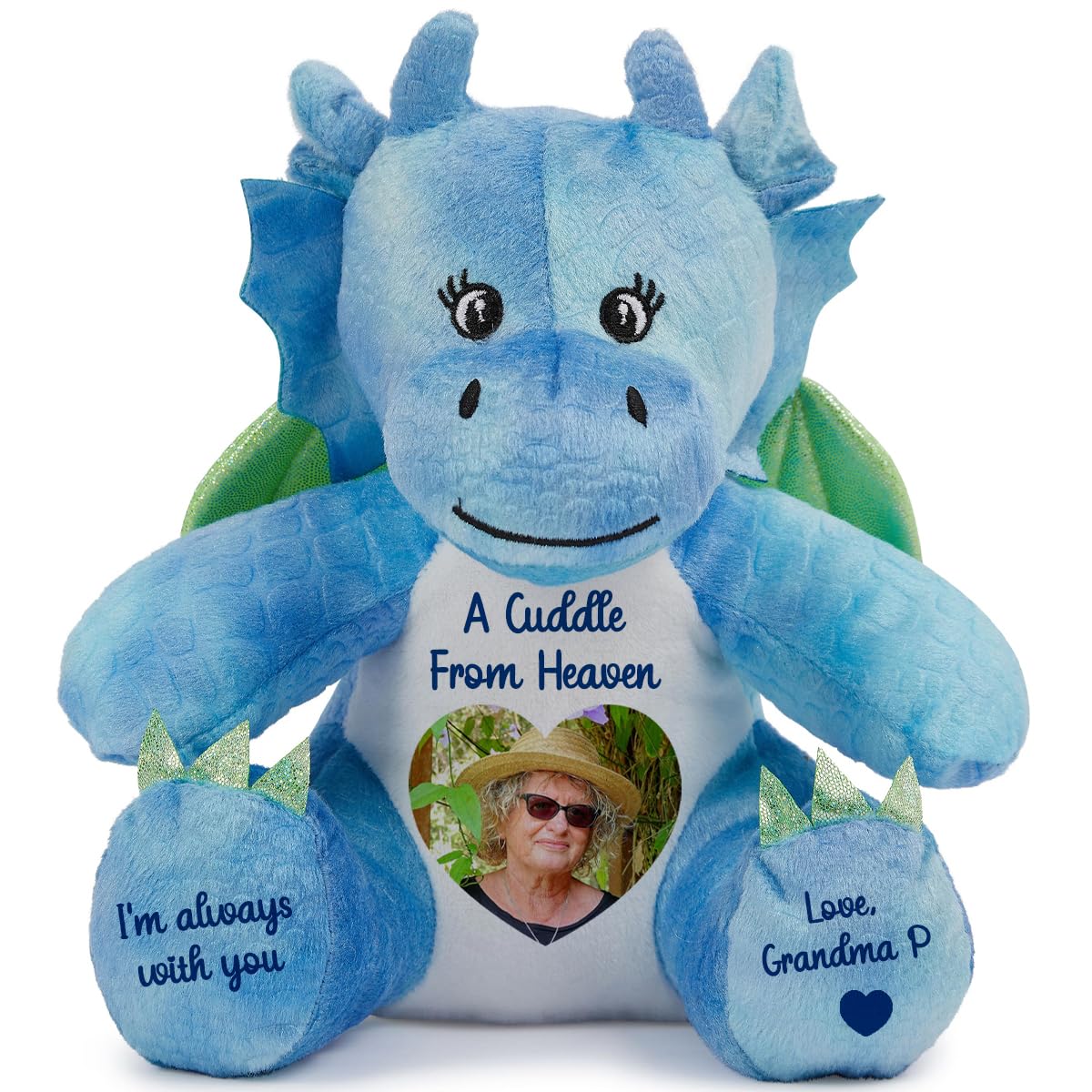 Personalised Memory Teddy Bear with Heart-Shaped Photo – “A Cuddle From Heaven” Keepsake Gift – 28 Bear Styles – Add Your Text & Choose Colour – Custom Memorial Bear (Blue Dragon)