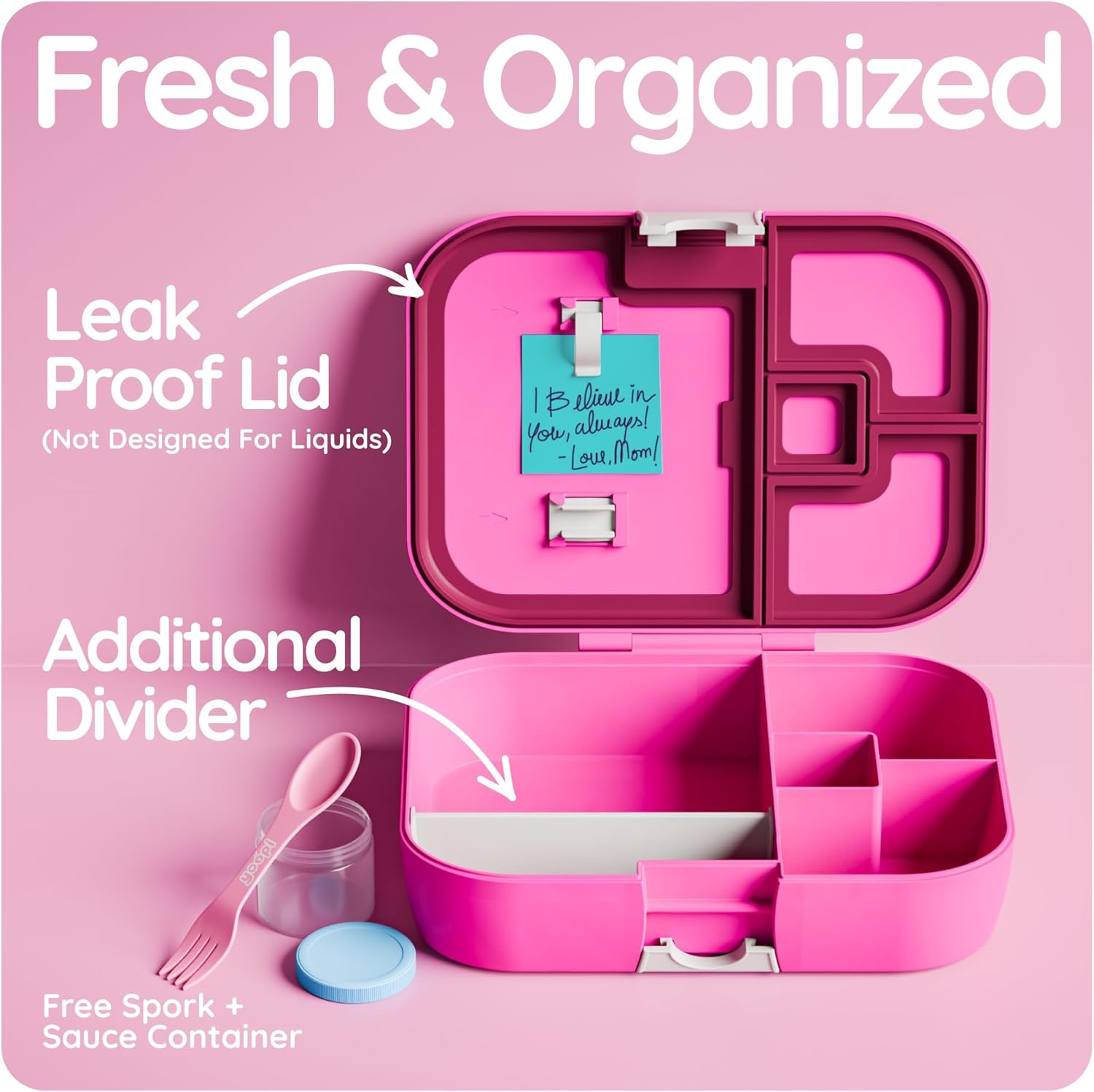 YOOPI Bento Box for Kids, Leak-Proof, BPA-Free School Bento Lunch Box Containers with Compartments. Online Healthy Meal Planning, Durable, Easy-Clean, Eco-Friendly Lunchbox for Boys & Girls (Fuchsia) - Image 3