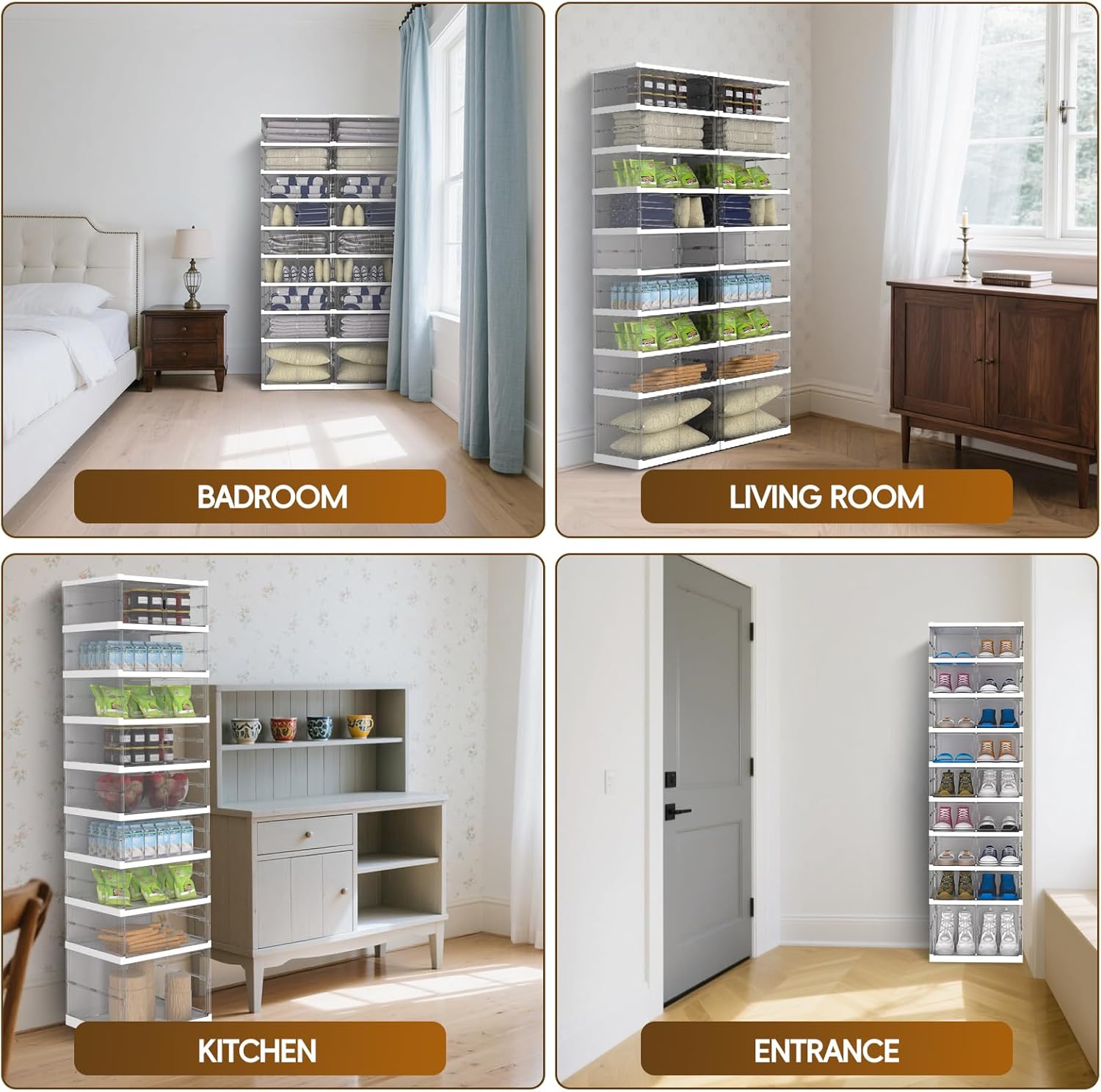 FAHKNS Foldable Shoe Rack 9 Tiers 18 Pairs Portable Plastic Shoes Rack with Magnetic Clear Door, Collapsible Shoes Storage Box for Entryway Living Room and Bedroom, White