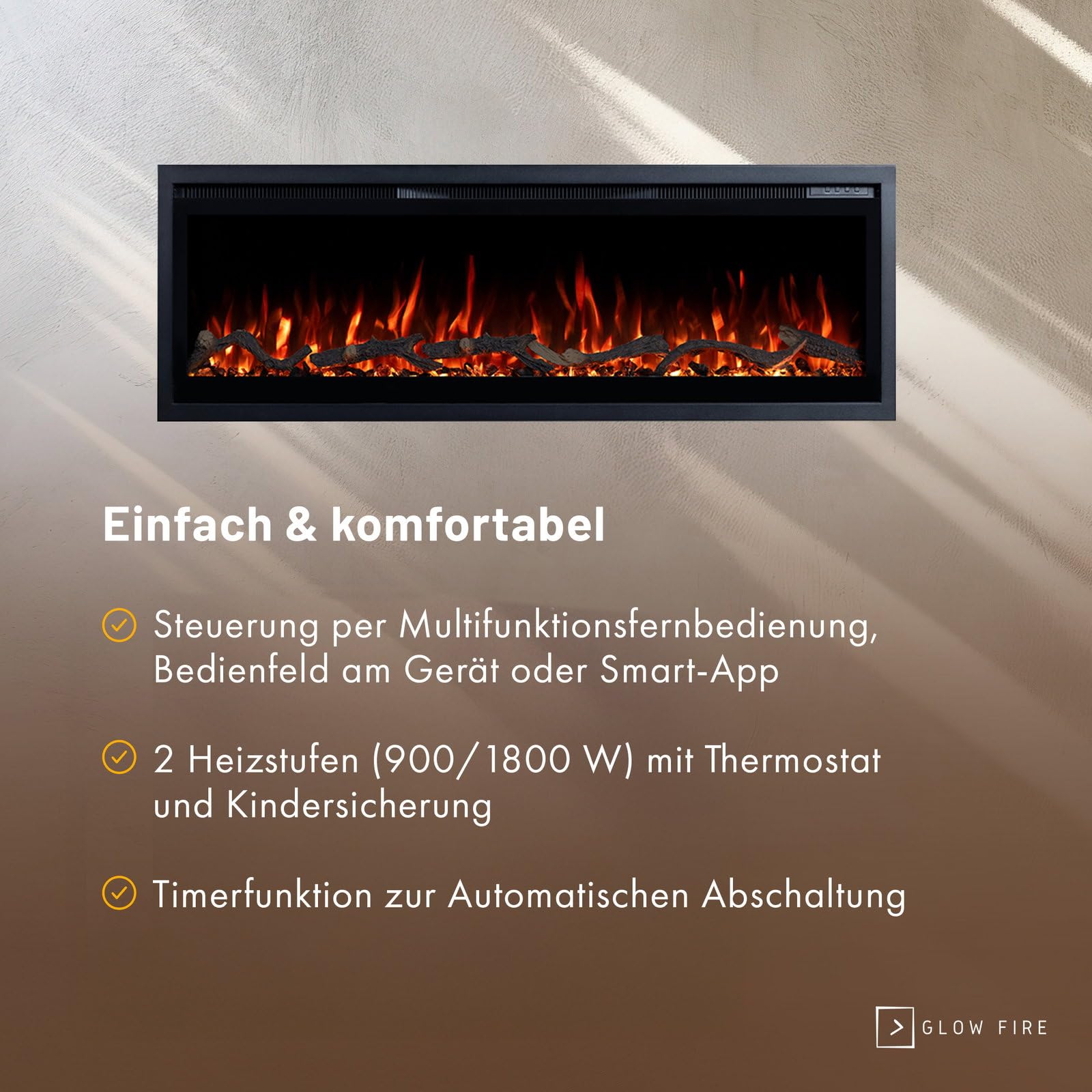 GF Core Fernsehwand mit Elektrokamin Inside 106 (Wohnwand mit Einbaukamin und Platz für Fernseher), 200x41.6x31.9 cm, inkl. elektrischer Kamin mit Heizung - Schwarz mit TV-Aussparung & Seitenfach