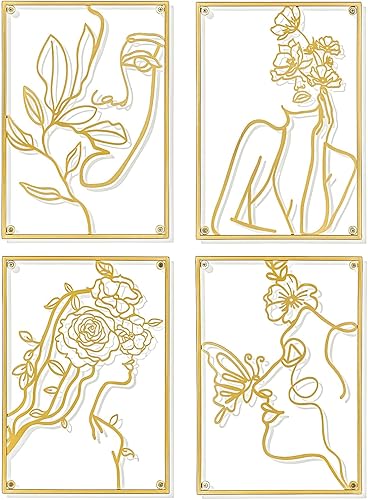 Walasis Decoración de pared dorada para dormitorio y mujer, silueta femenina, arte de línea de arte grande y moderno, decoración para sala de estar,