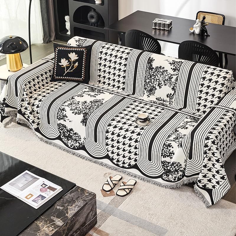 Housse de canapé lavable en chenille noire plaid universel anti-poils d'animaux