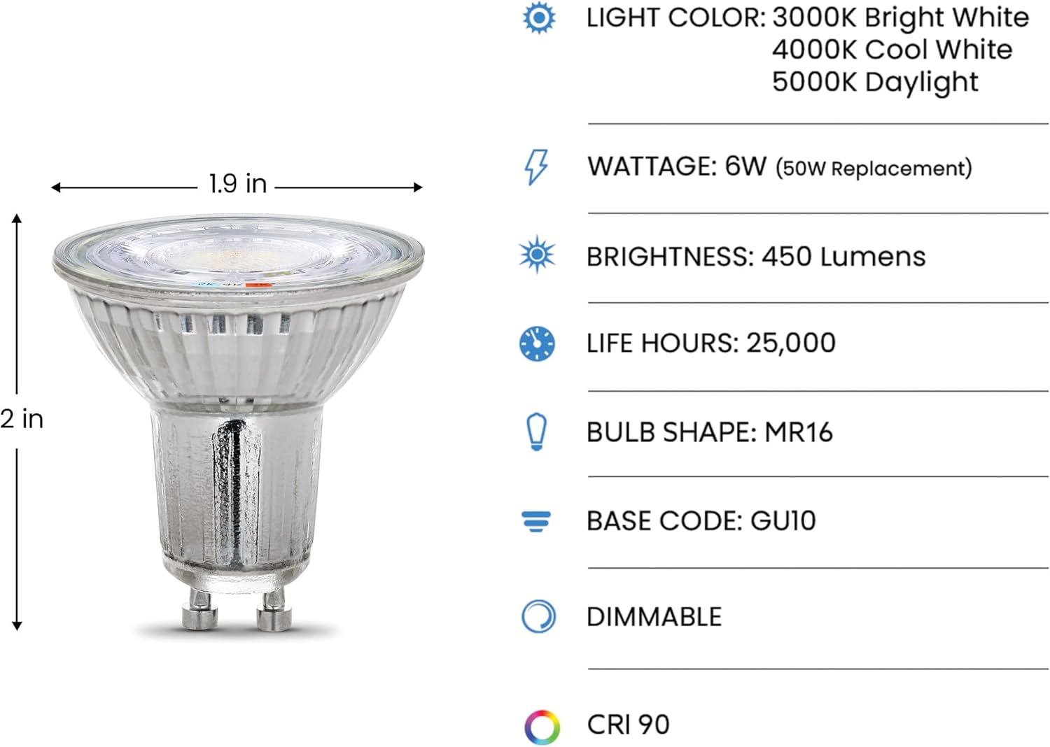 Feit Electric MR16 LED Reflector Light Bulb, 50W Equivalent, Dimmable, GU10 Base, 90+ CRI, 450 Lumen, Adjustable Color Temperature Track Lighting, 25,000-Hour Lifespan, BPMR16GU10503CCTCA/3, 3-Pack
