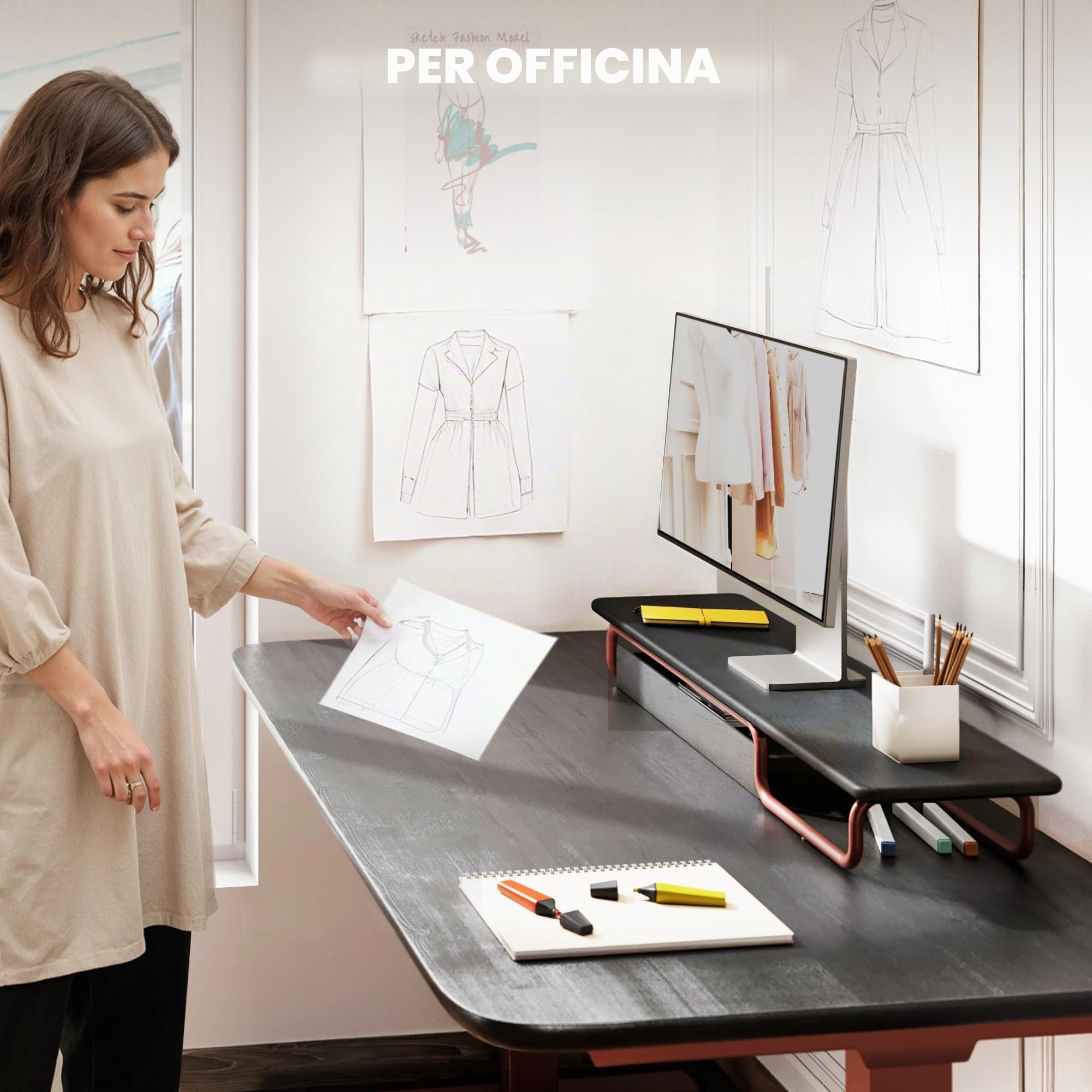 Fenge Supporto Monitor Scrivania, per 2 Schermi, 95x 25x 12,4cm, Legno Massello e Ferro, Non Installazione, fino 50kg, Monitor Stand con Cassetti, Porta PC laptop stampante TV (Nero + Rosso)