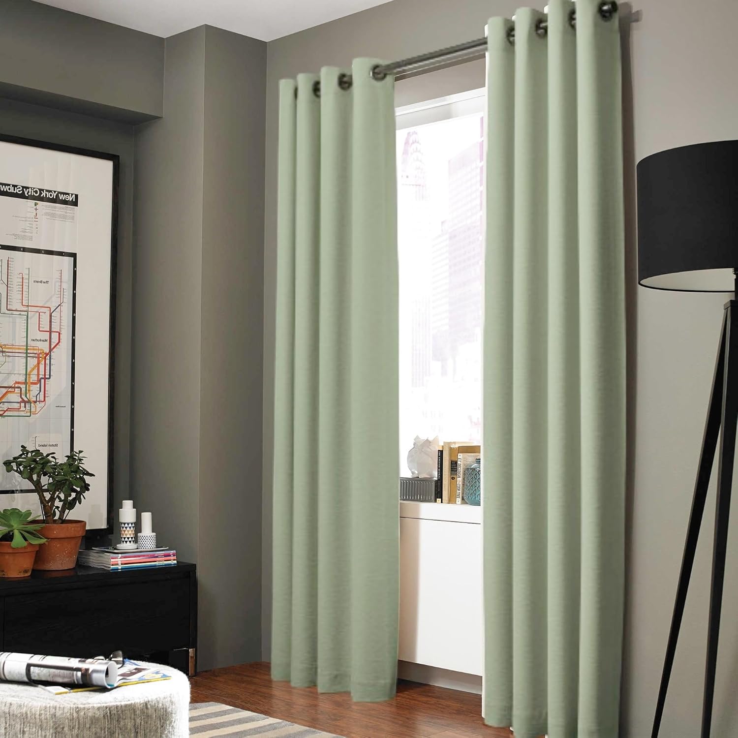 Gorgeous Home Linen (AAA) K92 Set Solid Window Curtain Panel Bronze Grommet 3 Layered Foam Lined Backing 100% Thermal Blackout 220 GSM Treatment. 108" Long (Sage Green)