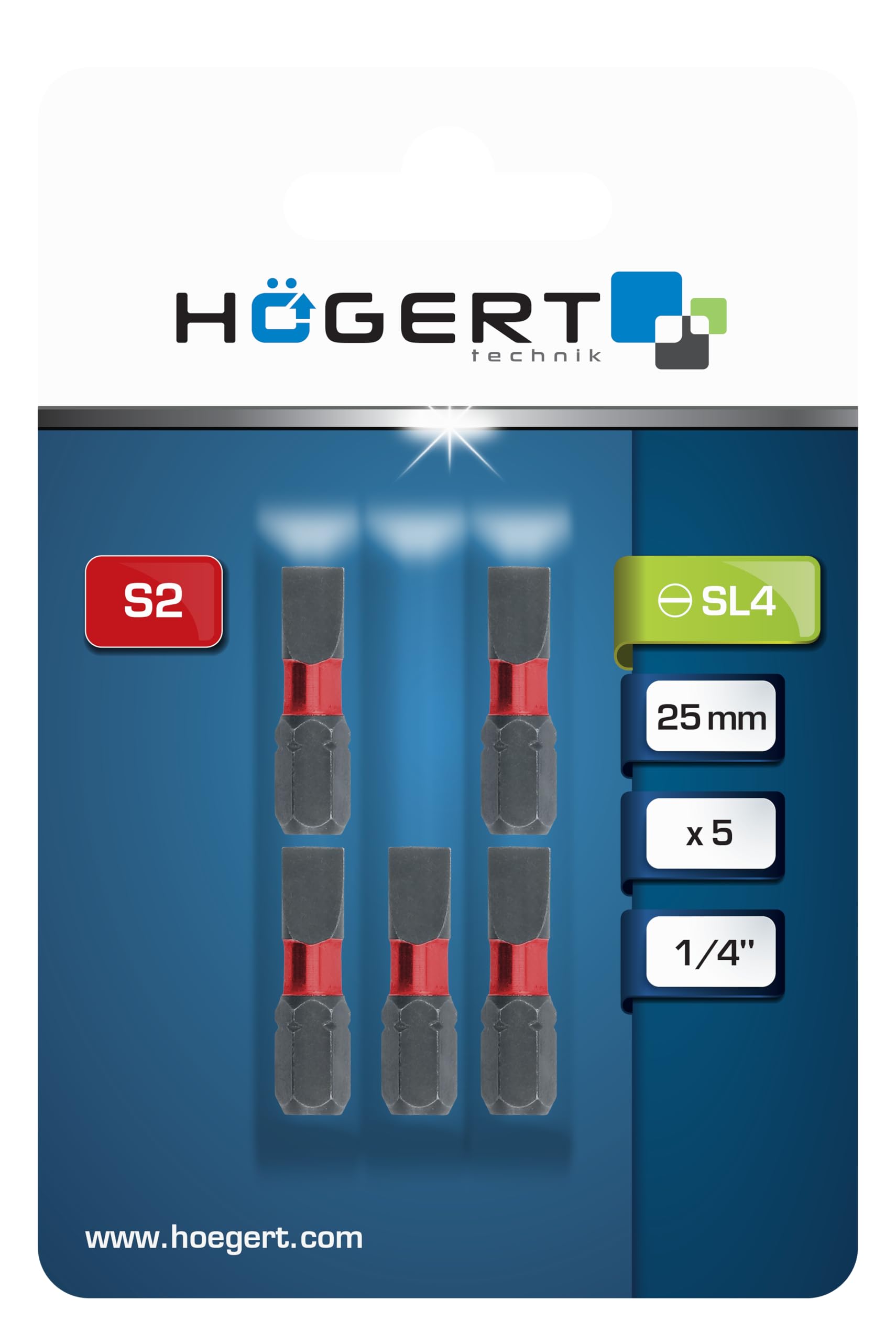 HÖGERT TECHNIK SL 4 bity udarowe 25 mm – zestaw 5 szt. – płaskie bity ze stali S2 – sześciokątne 1/4" – wysoka obciążalność – do wkrętarki udarowej i wkrętarki akumulatorowej