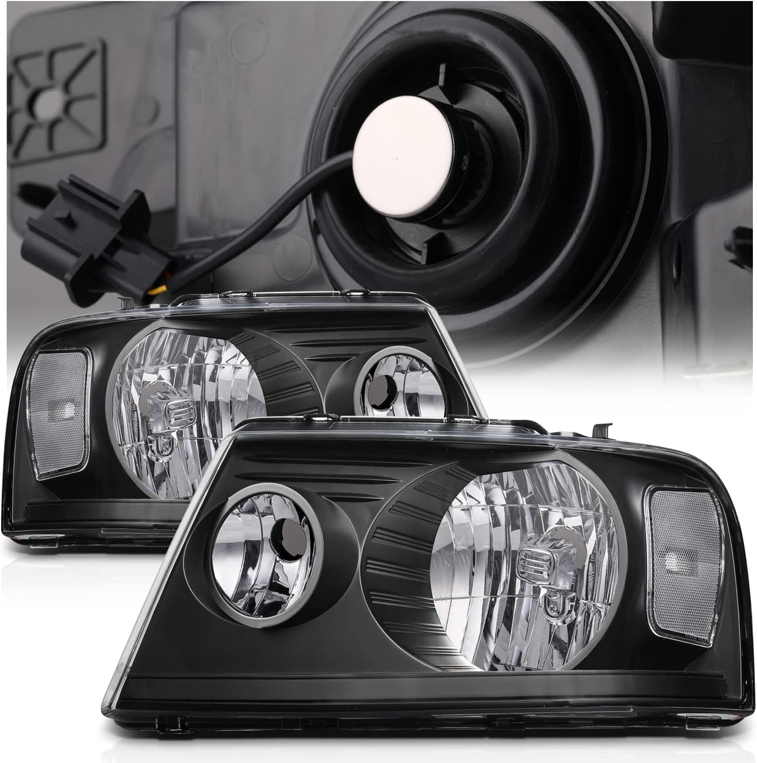 M-AUTO Headlight Assembly with 2 Pre-assembled 6000K LED Bulbs Compatible with 2004-2008 Ford F-150, 06-08 Mark LT, Headlamps w/Black Housing Clear Lens Clear Corner