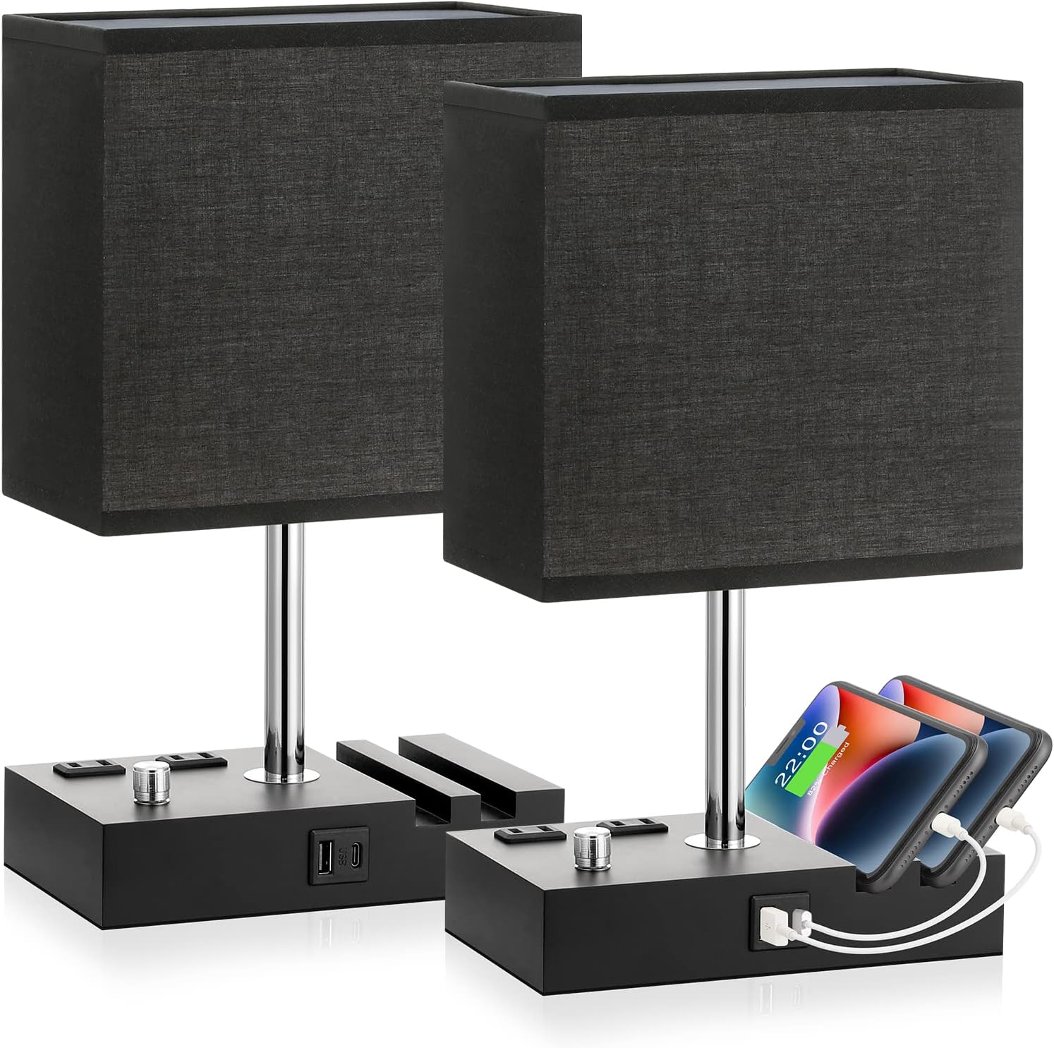 Fully Dimmable Bedside Lamps for Bedroom with USB C Ports, Kakanuo Black USB Table Lamp Set of 2, Wooden Desk Lamp with 2 Charging Outlets and Phone Stand for Nightstand and Living Room, Bulb Included 2 Pack Black Shade with Knob Switch