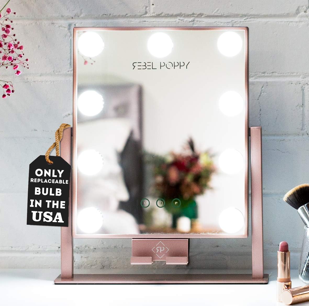 Rebel Poppy Lighted Vanity Makeup Mirror with LED Lights and Phone Mount, 3 Lighting Touch Control, 14.5” x 12” - Counter Top Mirrors - Mini (Rose Gold)