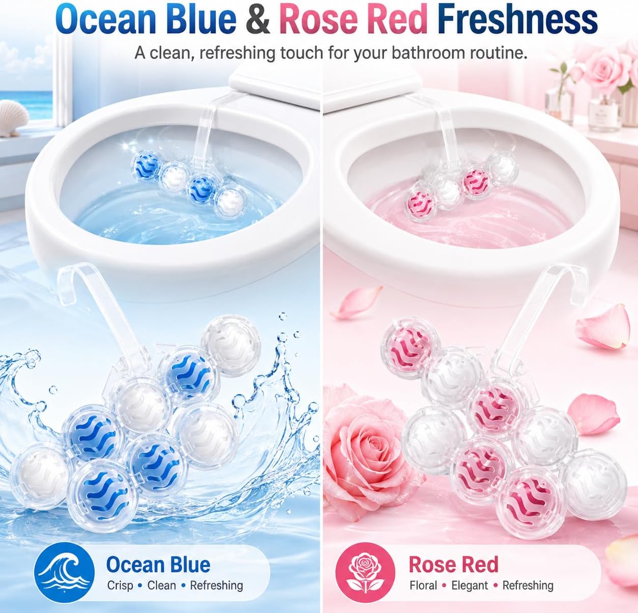Hooked Toilet Bowl Cleaner Balls, Ocean Blue Toilet Rim Hanger Freshener with Hanging Hook, Bathroom Deodorizing Cleaner for Daily Toilet Care, Rose Red, 12 Pack