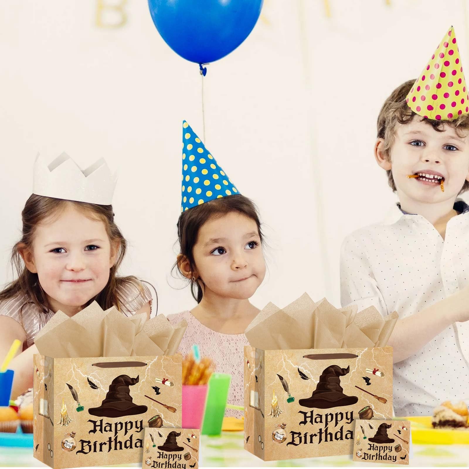 Zliisang Magical Wizard Birthday Gift Bag with Tissue Paper and Greeting Card Magical Hat Birthday Party Favor Bags Wizard Birthday Party Supplies Halloween Party Favors