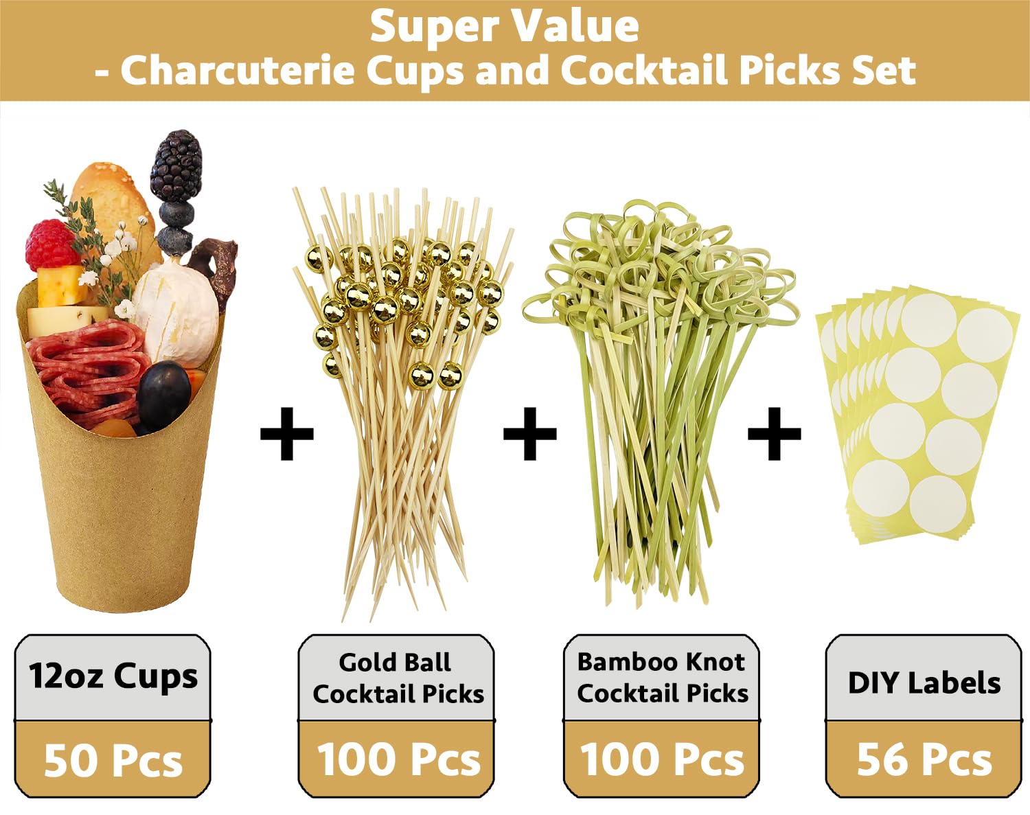 CAMKYDE Charcuterie Einwegbecher Set – 340 Ml, Weiß, Mit 200 Spießen & 50 Beuteln, Für Snacks & Party