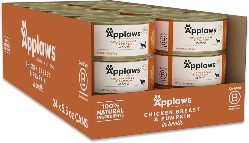 Ração úmida complementar para gatos Applaws com peito de frango, abóbora e caldo, 24 latas de 156 g