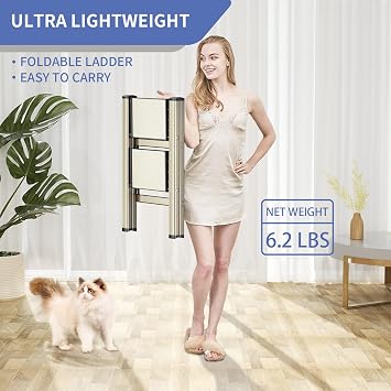 2 Step Ladder Folding Step Stools, Aluminum Ladder with Anti-Slip Sturdy and Wide Pedal, Portable Gold Step Stool for Adults, Lightweight Small Step Ladders for Home Bedroom Kitchen, 330 lbs, Gold