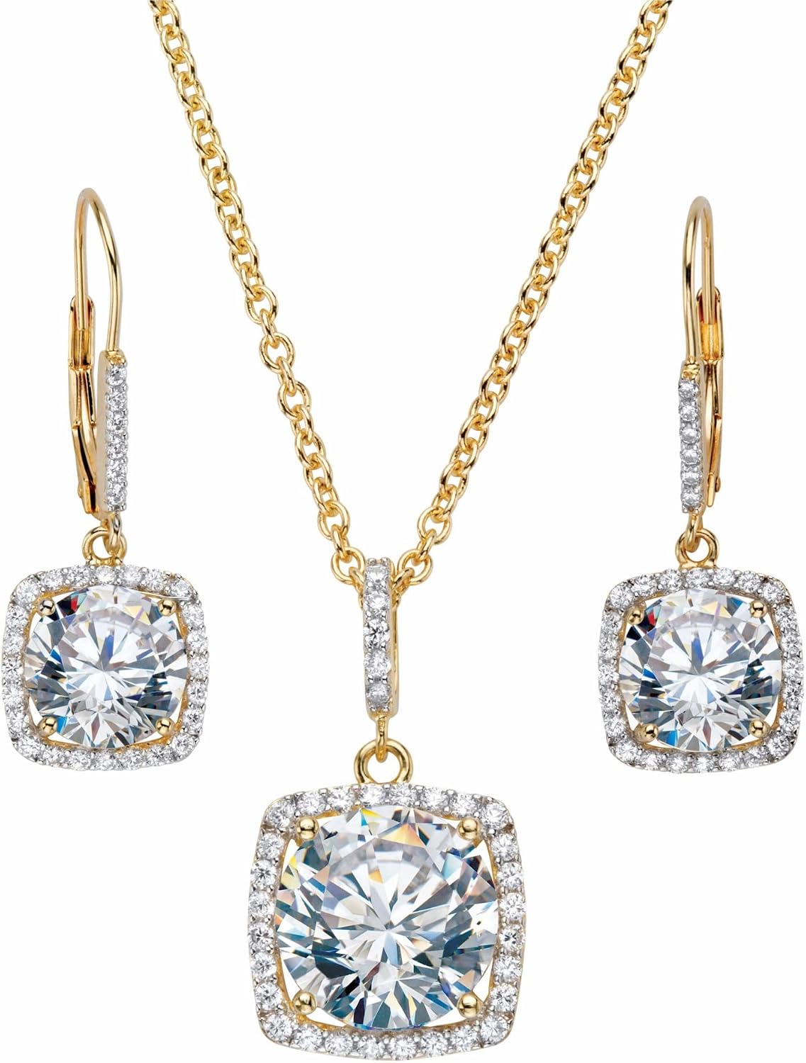 PalmBeach Jewelry Yellow Gold over Sterling Silver Round Cubic Zirconia 2 Piece Halo Earring and Necklace Set 18 inch Length