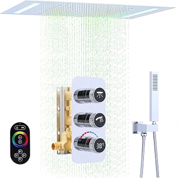 Luxury Shower Faucets Set Digital Shower System 20X14Inch Led Modern Rainfall Shower with Handheld Run Simultaneously, Chrome Shower Fixture with Glowing Icon Temperature Display Brass Valve