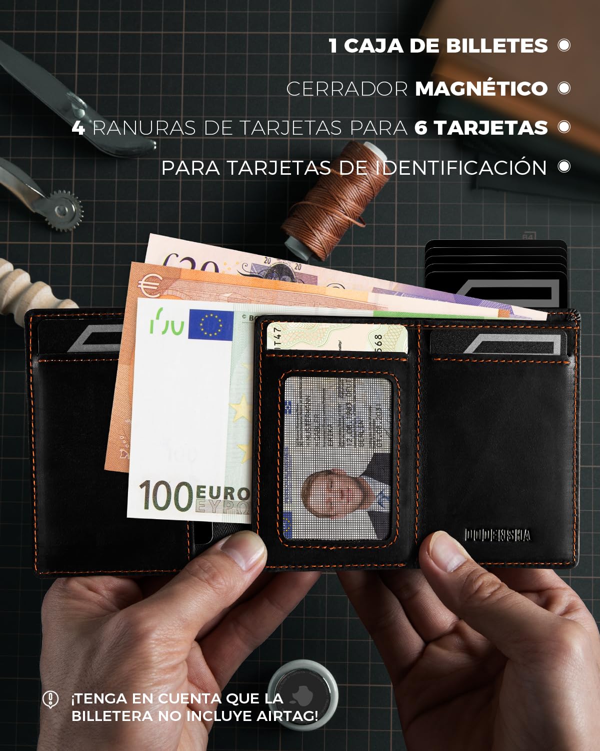 DODENSHA® AirTag* Tarjetero Hombre Protección RFID I Cartera Hombre I Carteras para Inteligente para más de 11 Tarjetas I billeteras para I carteiras Homens pie (Negro y Naranja)