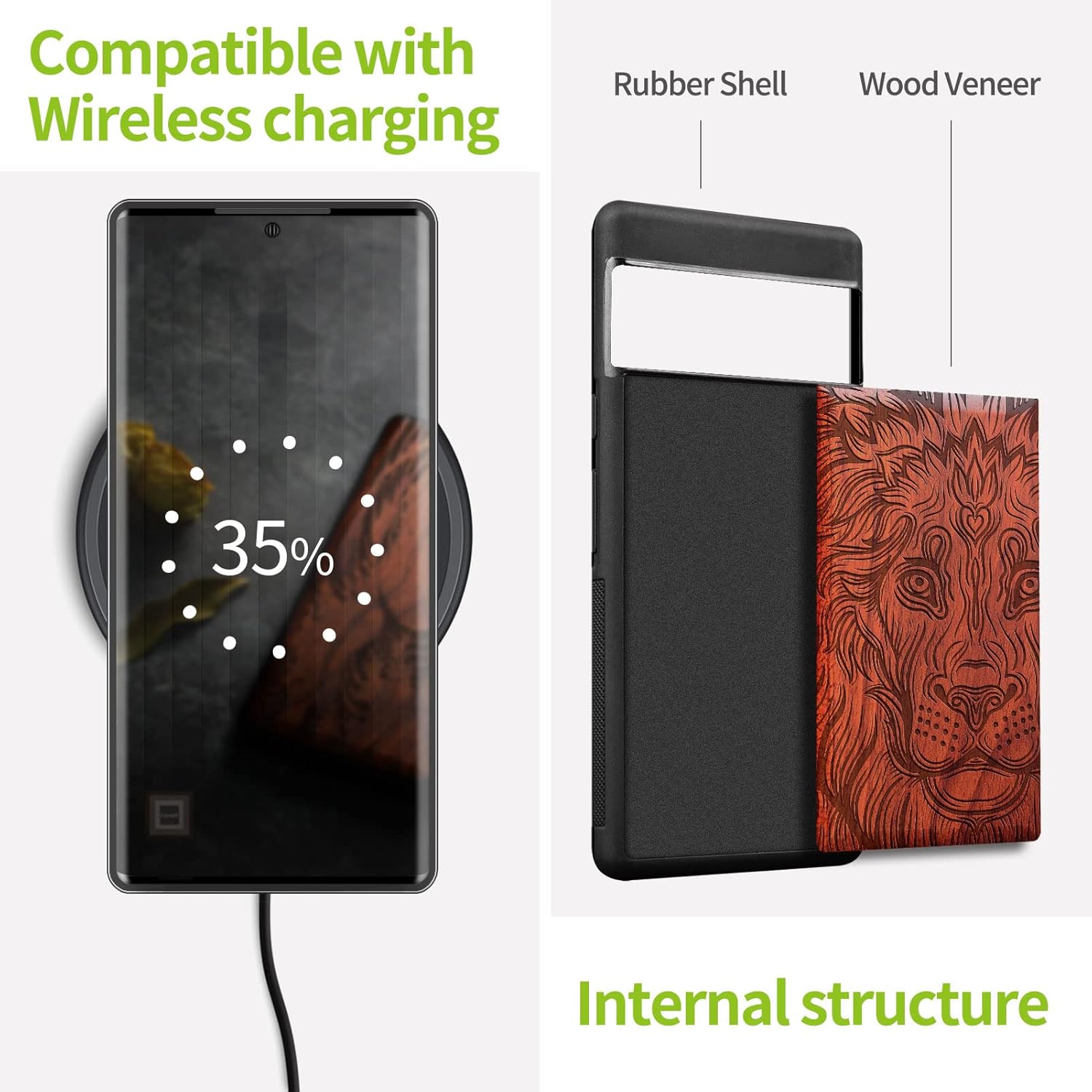 Carveit Wood Case for Pixel 7 Pro Case [Natural Wood & Black Soft TPU] Shockproof Protective Unique Wooden Cover Compatible with Google Pixel 7 Pro (Lion in Aztec Style-Rosy)