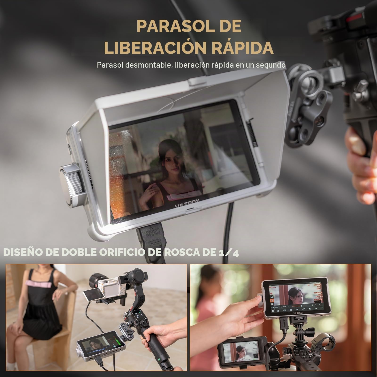 VILTROX DC-V1 5,5" Monitor de campo para cámara DSLR Monitor táctil 4K HDMI Video Monitor externo para Sony Canon Nikon 2000nits 3D LUT 1920×1080 IPS HD Video con batería recargable Hood