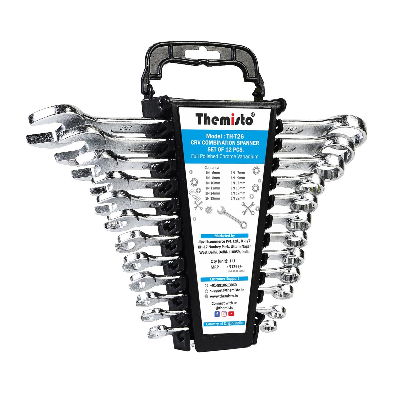 THEMISTO TH-T26 12 Pcs Combination Spanner Set | Open Jaw and Ring Spanners | Chrome Plated Durable Steel Wrench Tool Kit-image-21