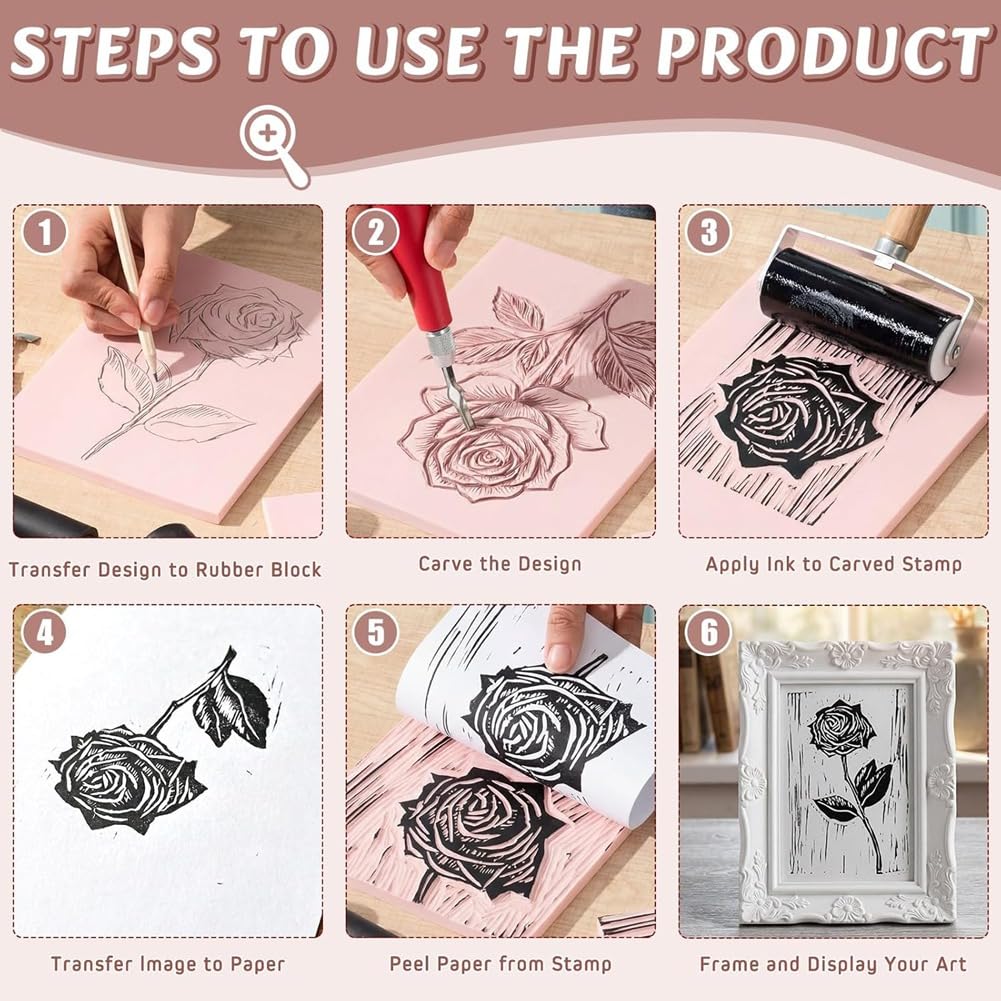 Kit de Linograbado para Impresión 2'' X 2'', 6 Piezas de 4'' X 6'', 2 Bloques de 6'' X 8'', 2 Cuchillos y 2 Rodillos de Bloques de Linóleo para Bricolaje.
