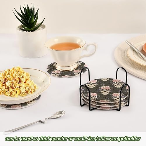 Miniatura 6 de Retro Skull Pink Rose Black Drink Coasters Absorbent Coasters for Drinks Woven Braided Coaster with Holder Dining Room Living Room Apartment Decor,