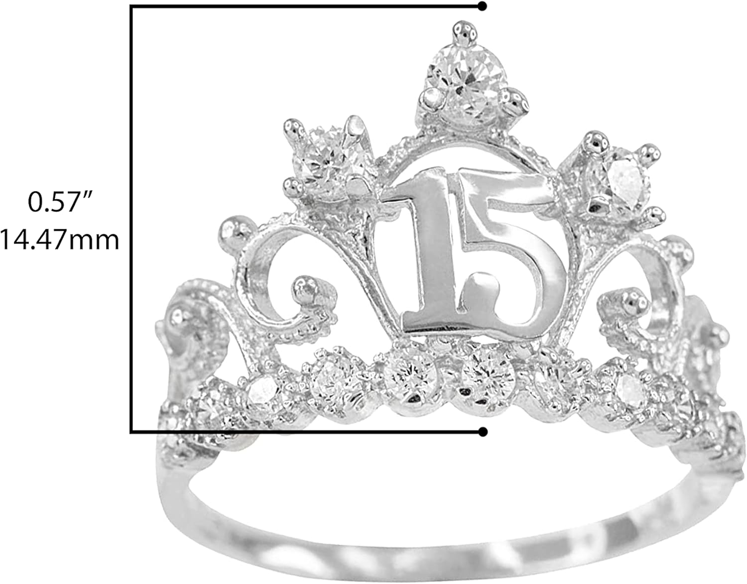 10K White Gold White Cubic Zirconia Studded Tiara Crown Sweet 15 Años Milgrain Quinceanera Statement Ring