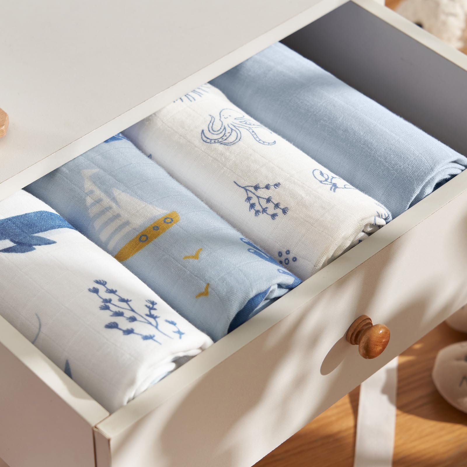 phf muslin swaddle blankets for newborn, 4 pack organic soft breathable receiving blankets, large 47x 47 inches, skin-friendly muslin baby swaddles for boys, baby essentials shower gifts, sea & whale