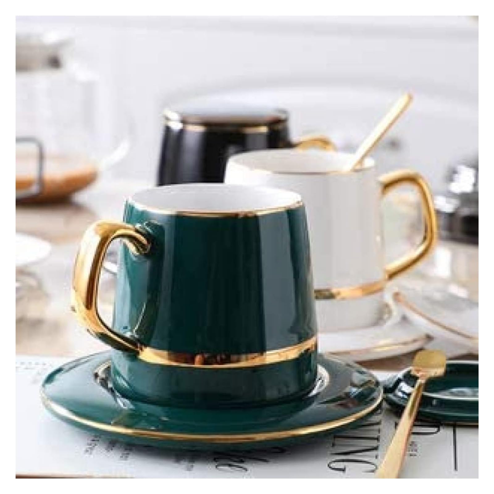 Tasse Mit Deckel Vintage-Design Keramik Kaffeetasse mit Deckel Holzgriff Retro Office Home Wassertasse einfaches Business-Trinken(White)