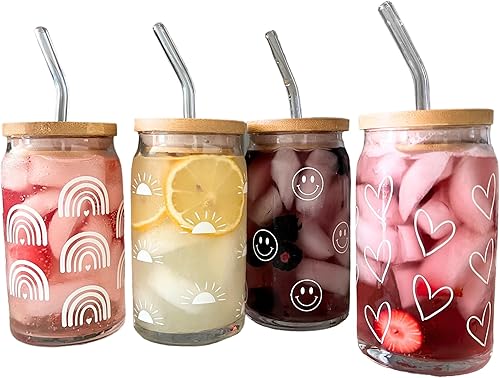 Juego de 4 vasos para beber de 16 onzas con tapas de bambú y popote de vidrio, bonitos patrones bohemios